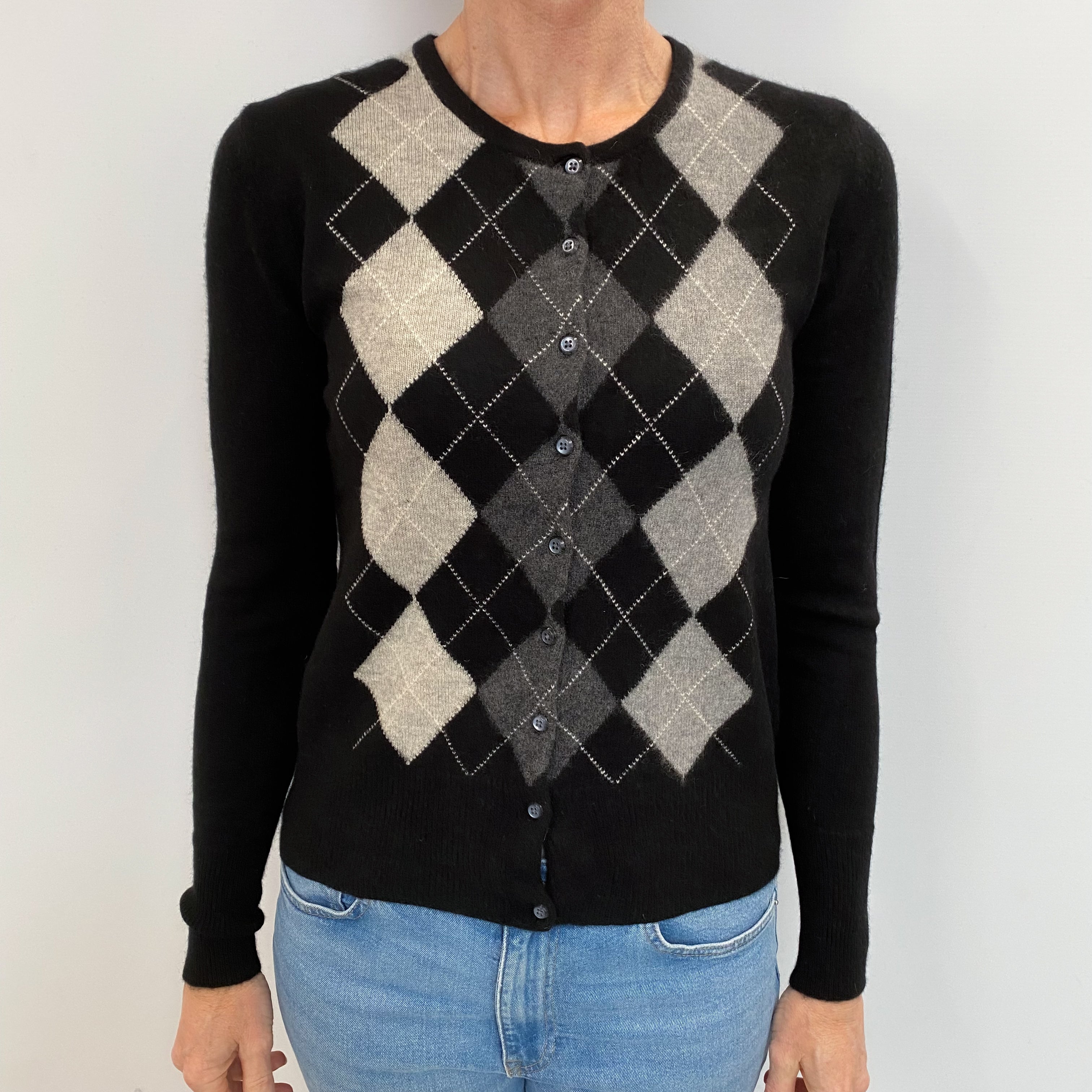 Black Argyle Cashmere Crew Neck Cardigan Small