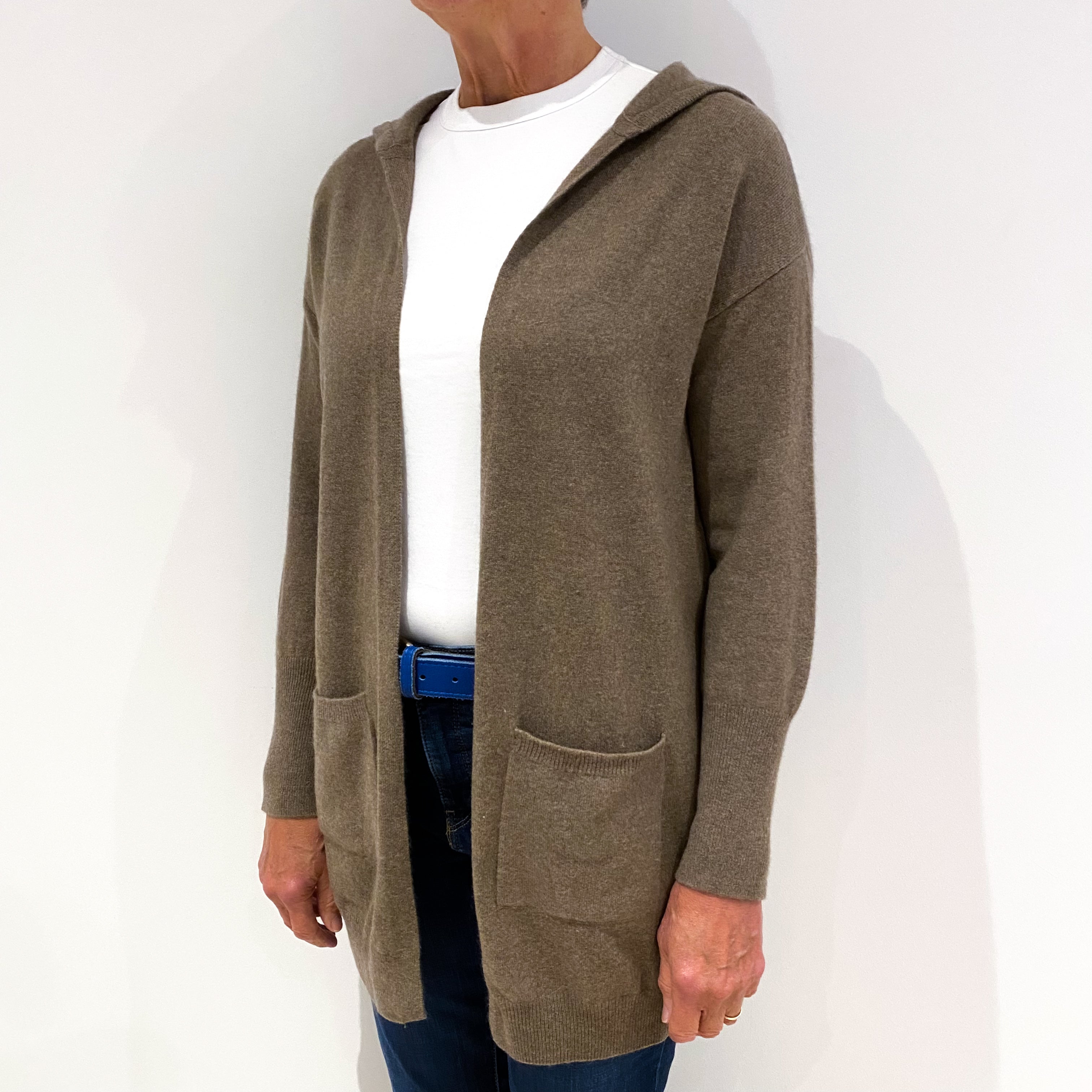 Mocha Brown Cashmere Edge to Edge Cardigan with Hood Medium