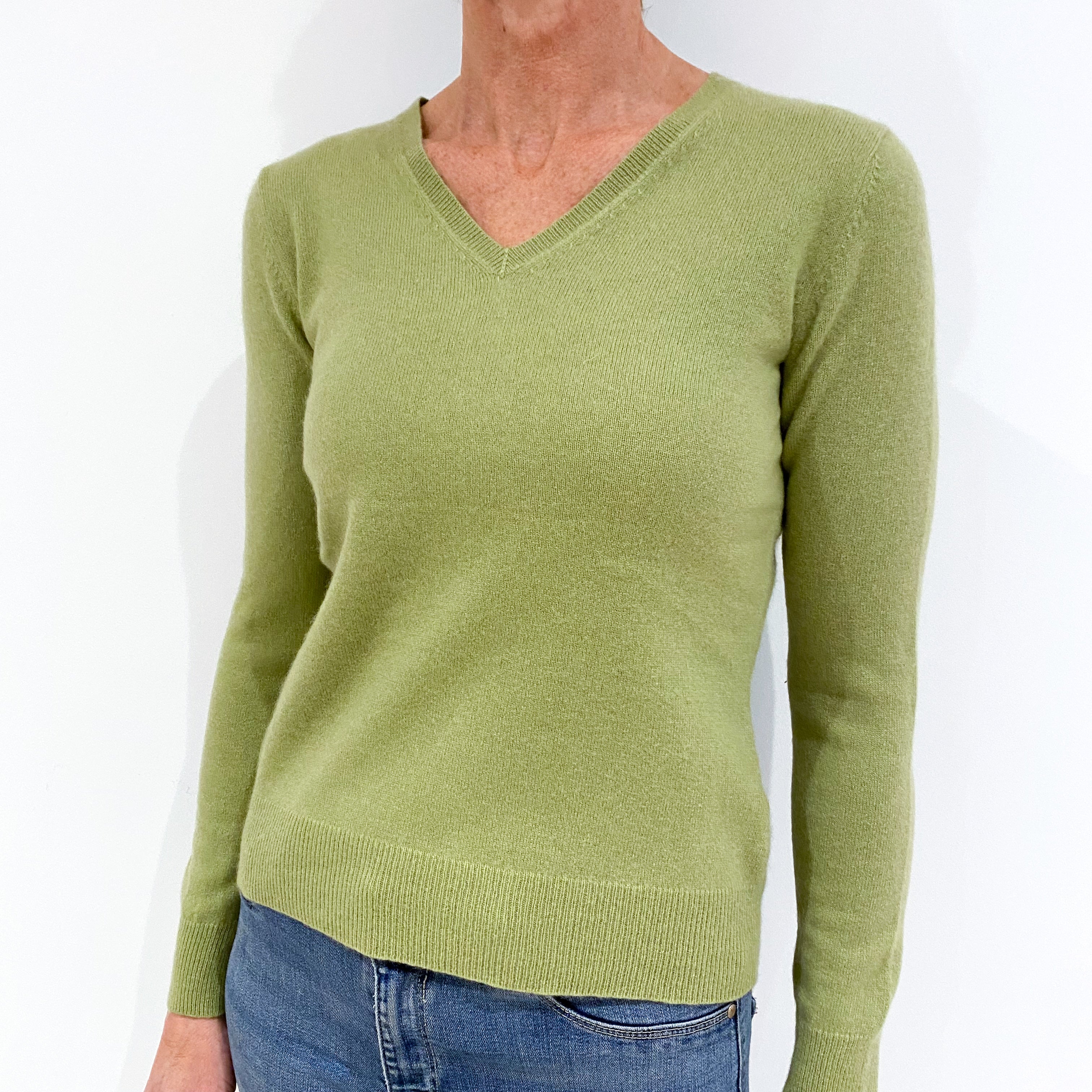 Pear Green Cashmere V-Neck Jumper Small