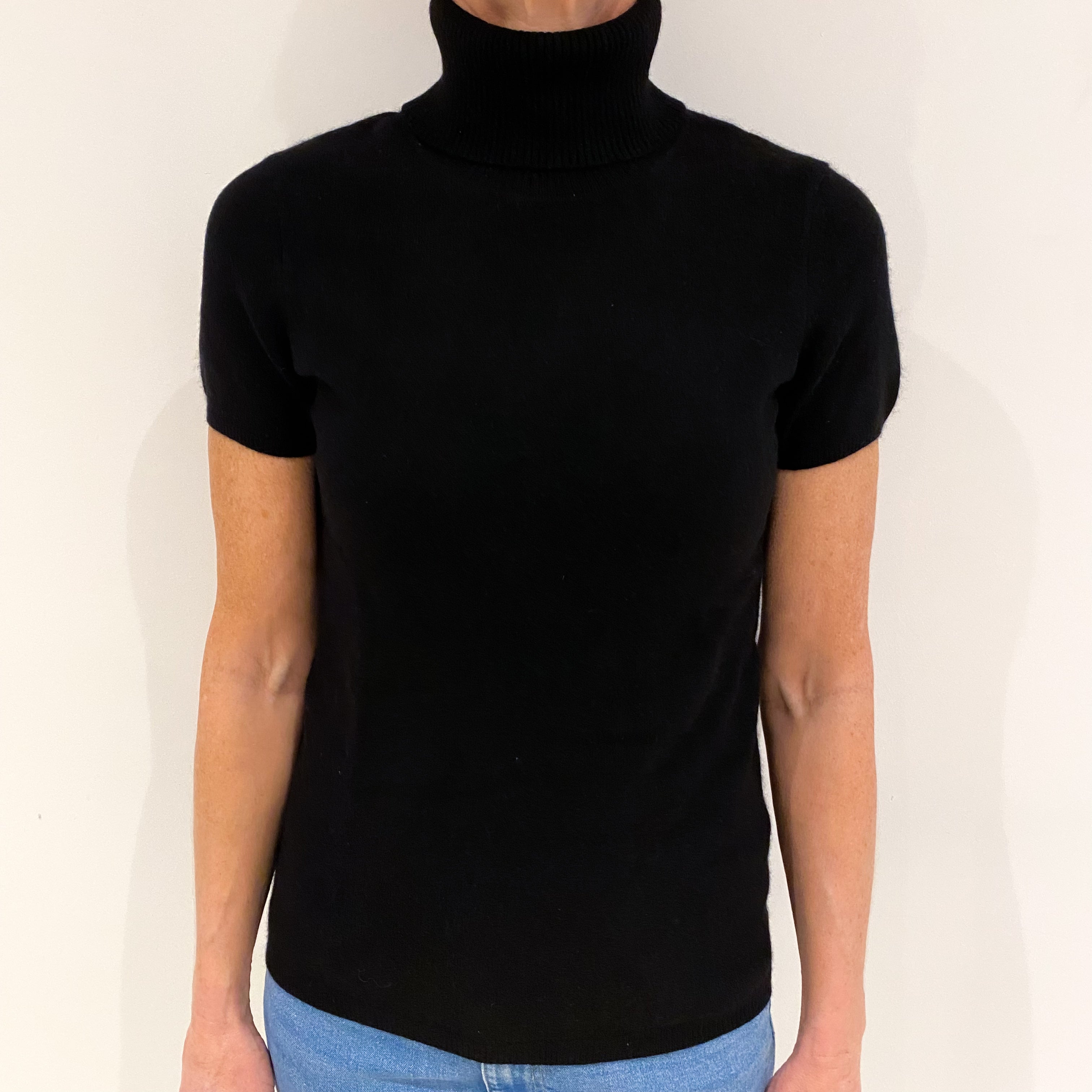 Black Cashmere Short Sleeve Polo Neck Jumper Small