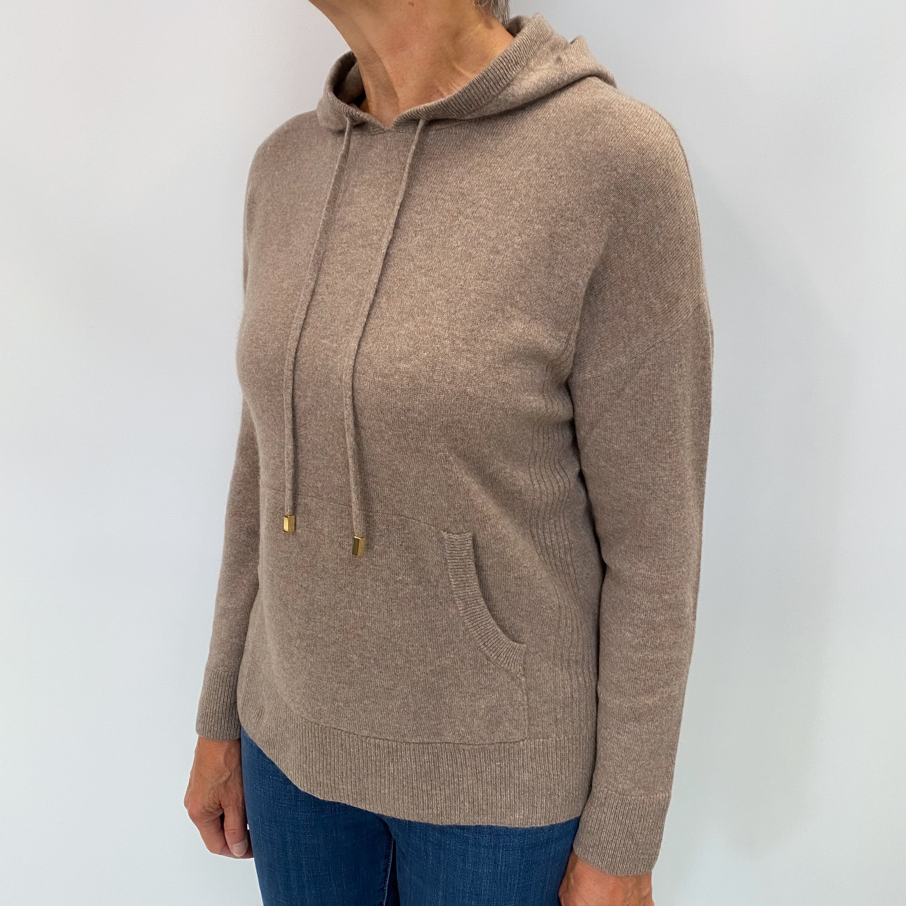 Taupe Brown Cashmere Hooded Jumper Medium