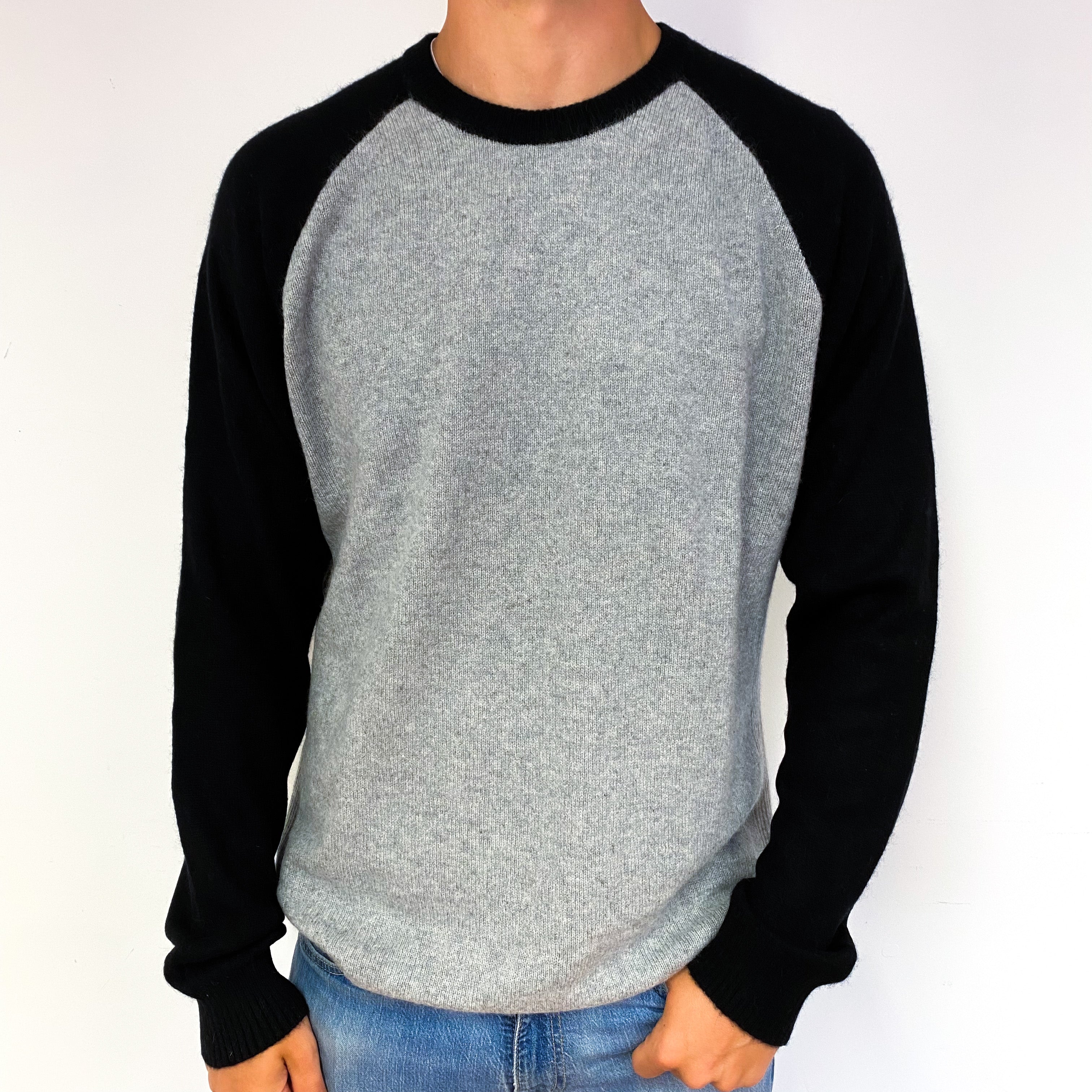 Men's Grey and Black Cashmere Crew Neck Jumper Extra Extra Large