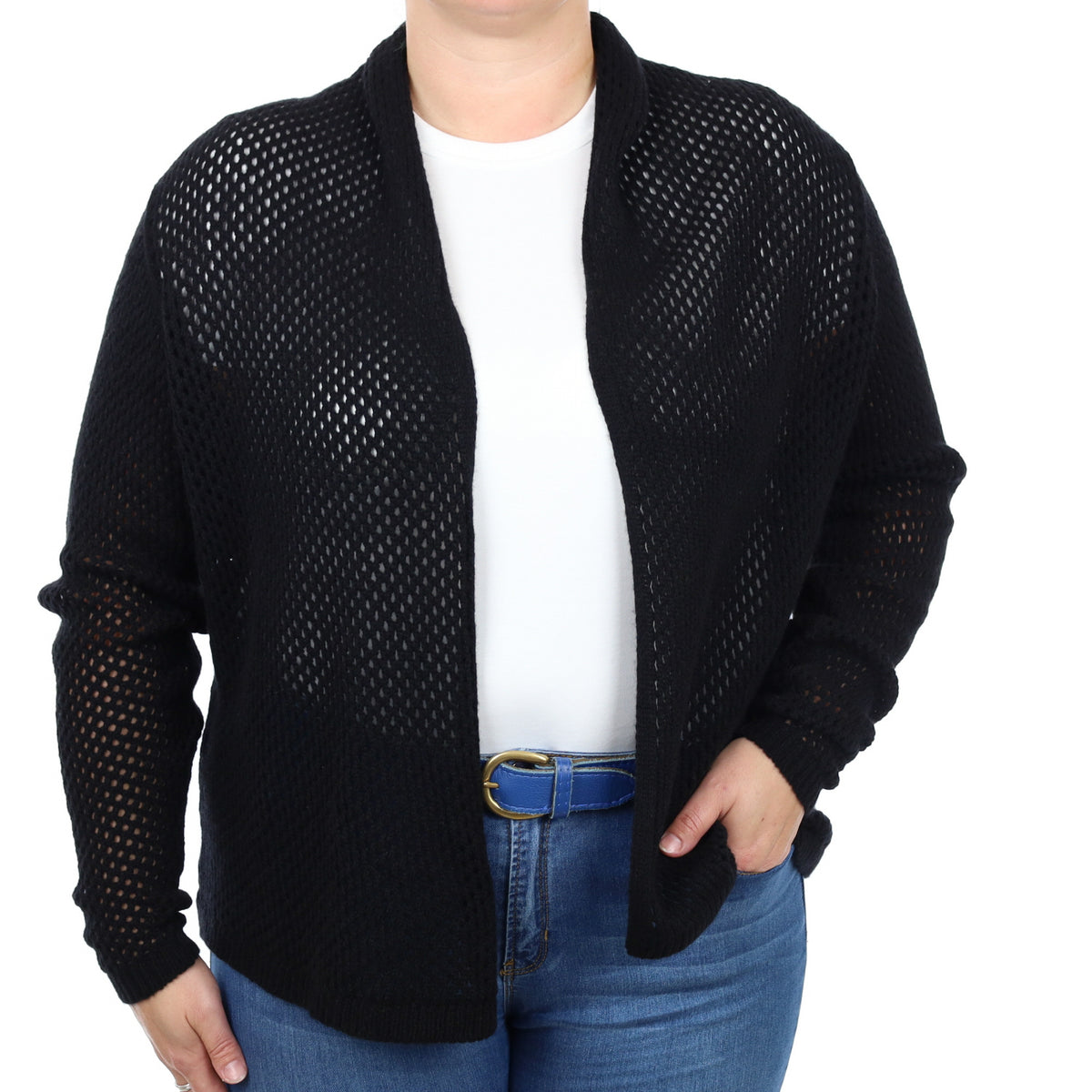 Brand New Scottish Black Cashmere Fish Net Cardigan Large