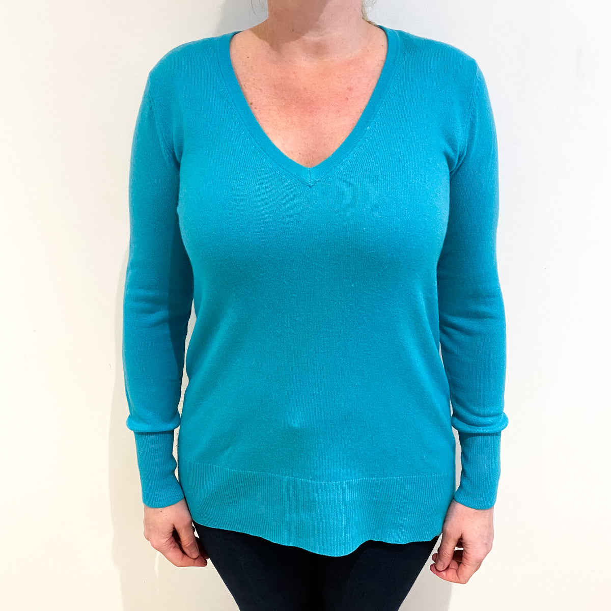 Mediterranean Blue Cashmere V Neck Jumper Large