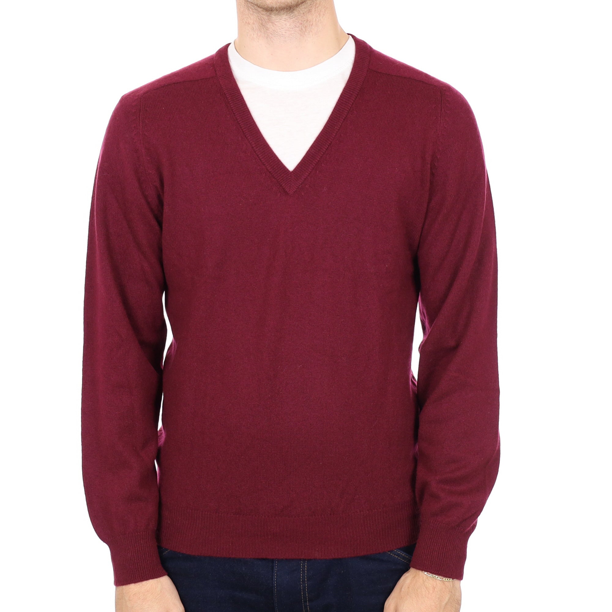 Men's Burgundy Red Cashmere V Neck Jumper Medium