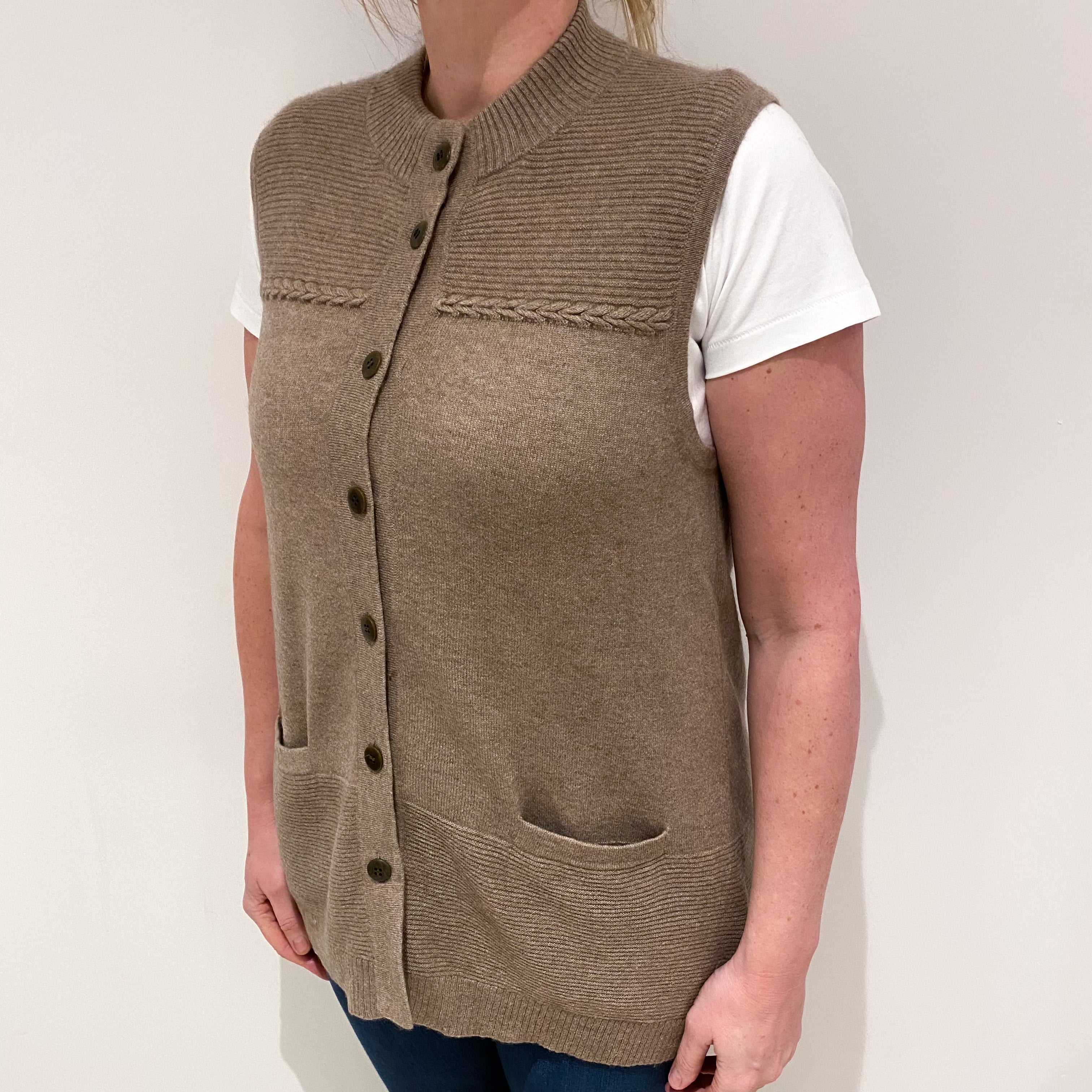 Taupe Brown Cashmere Crew Neck Gilet with Pockets Large