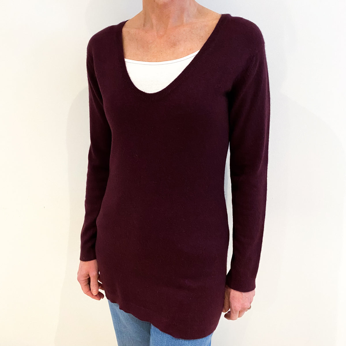 Brora Mulberry Purple Cashmere V Neck Tunic Style Jumper Small