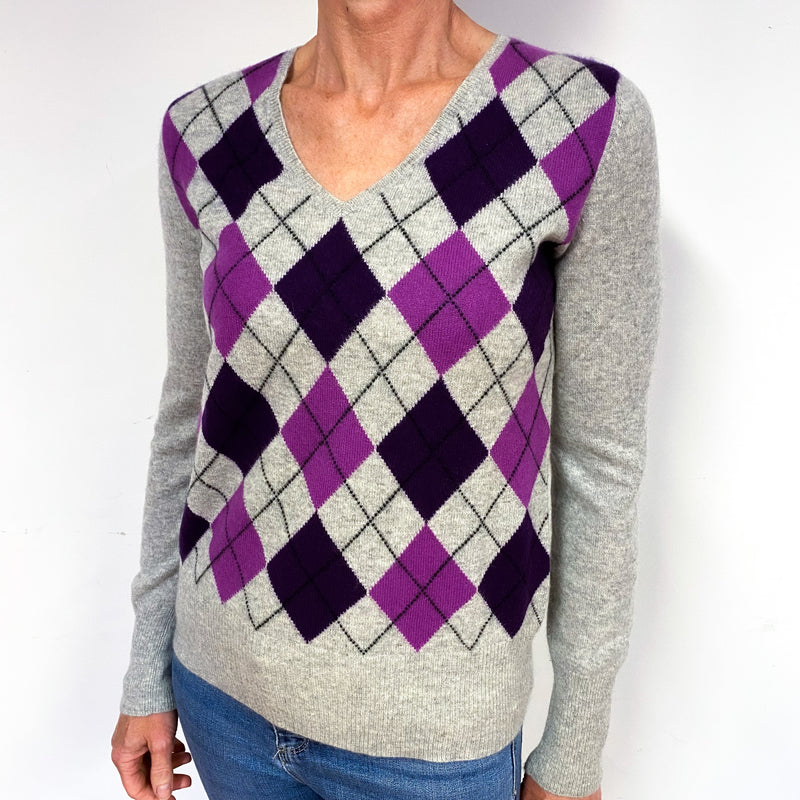 Smoke Grey Purple Diamond Cashmere V-Neck Jumper Medium