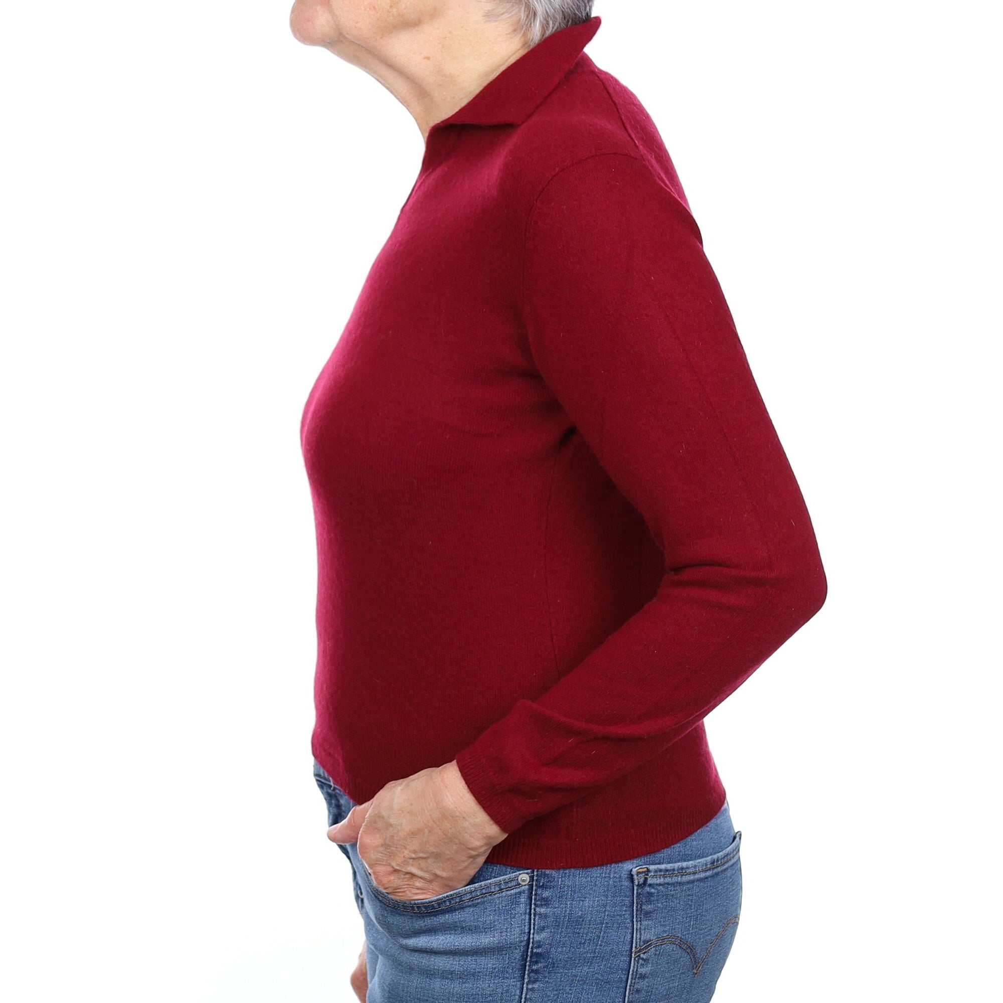 Burgundy Red Cashmere Collared V Neck Jumper Medium
