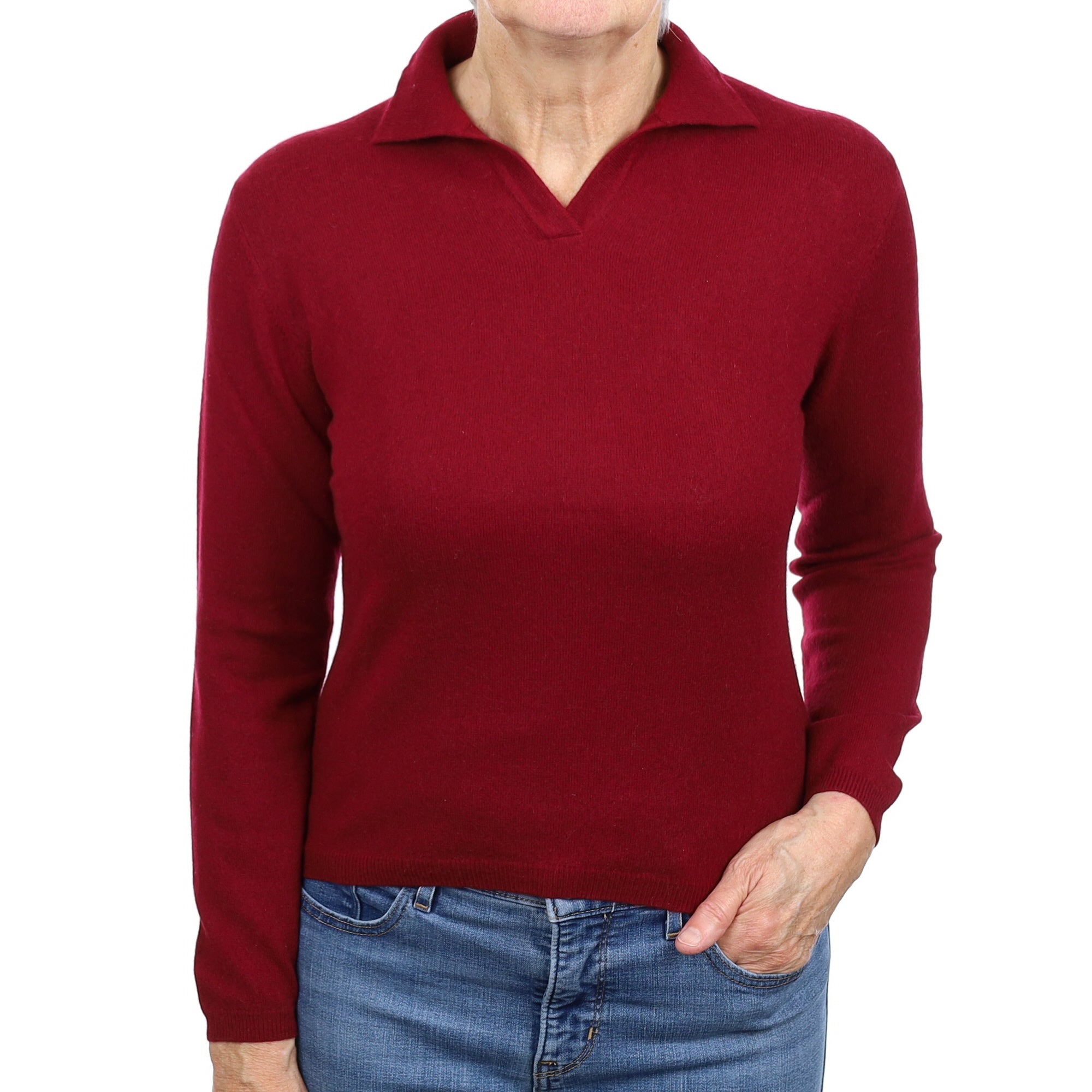 Burgundy Red Cashmere Collared V Neck Jumper Medium