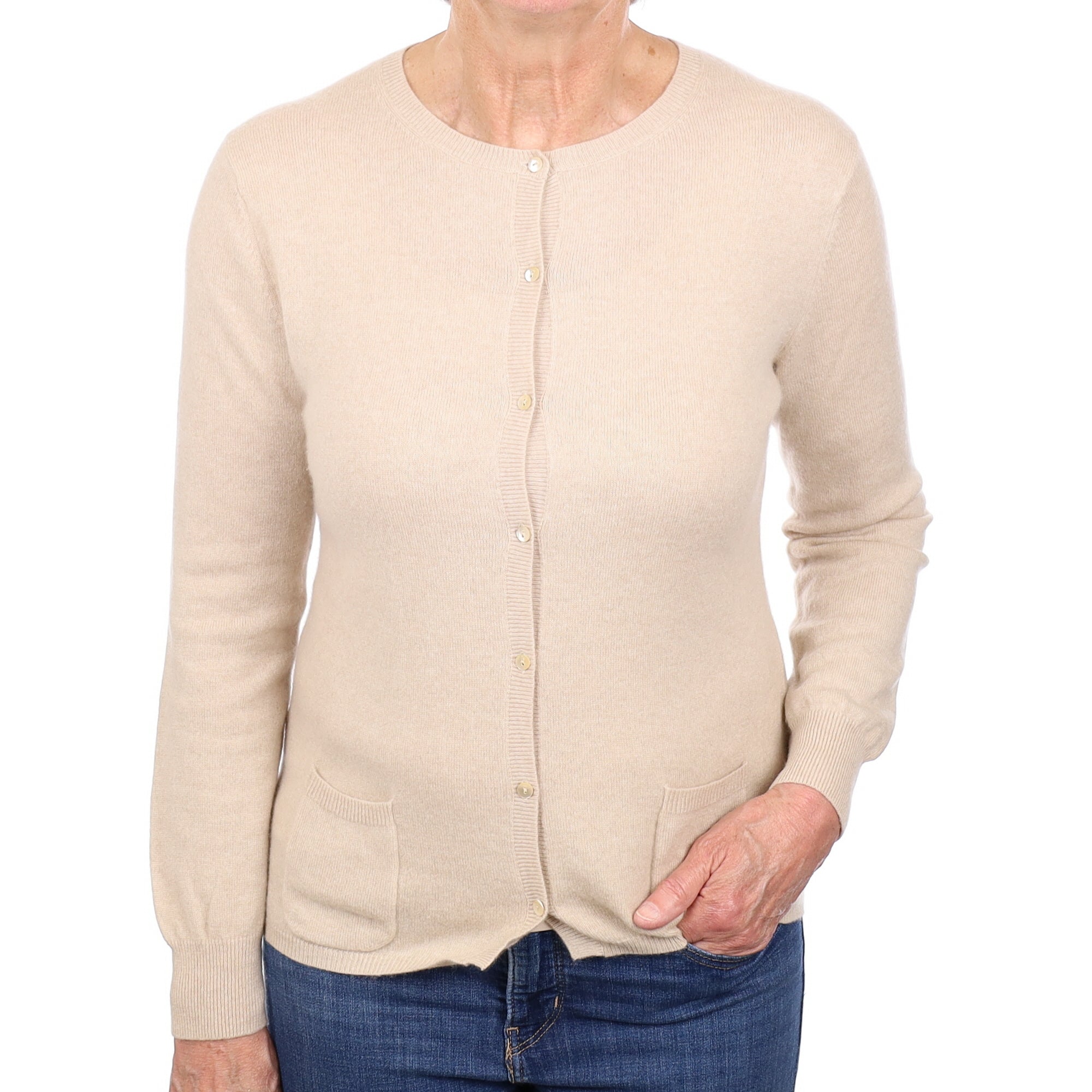 Beige Cashmere Crew Neck Cardigan with Pockets Medium