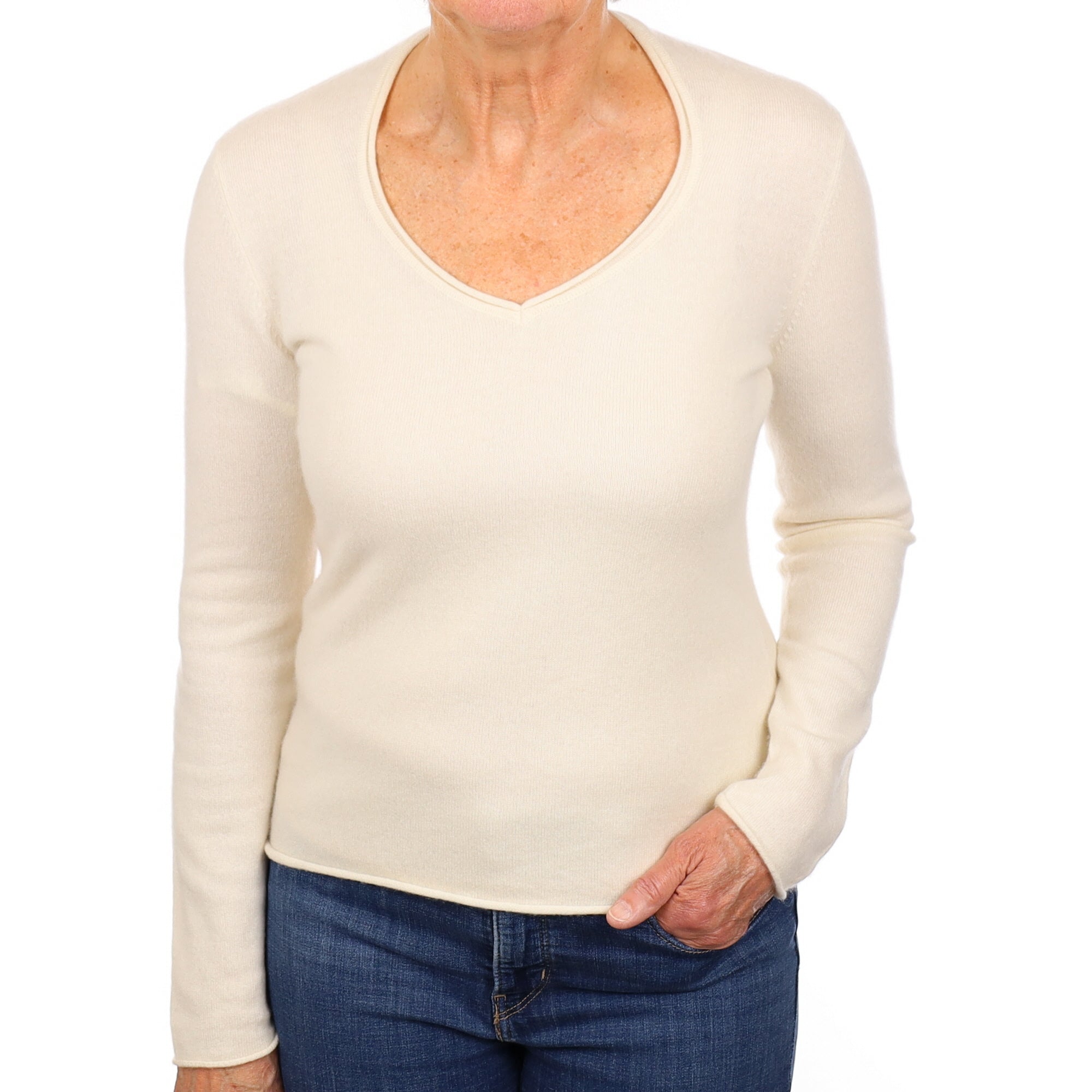 Vanilla Cream Cashmere V Neck Jumper Medium