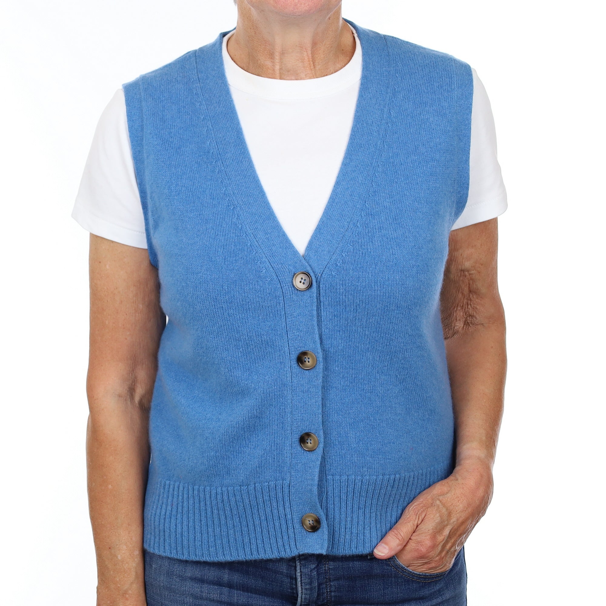 Brand New Mediterranean Blue Luxury Cashmere V Neck Waistcoat Medium UK 12-14