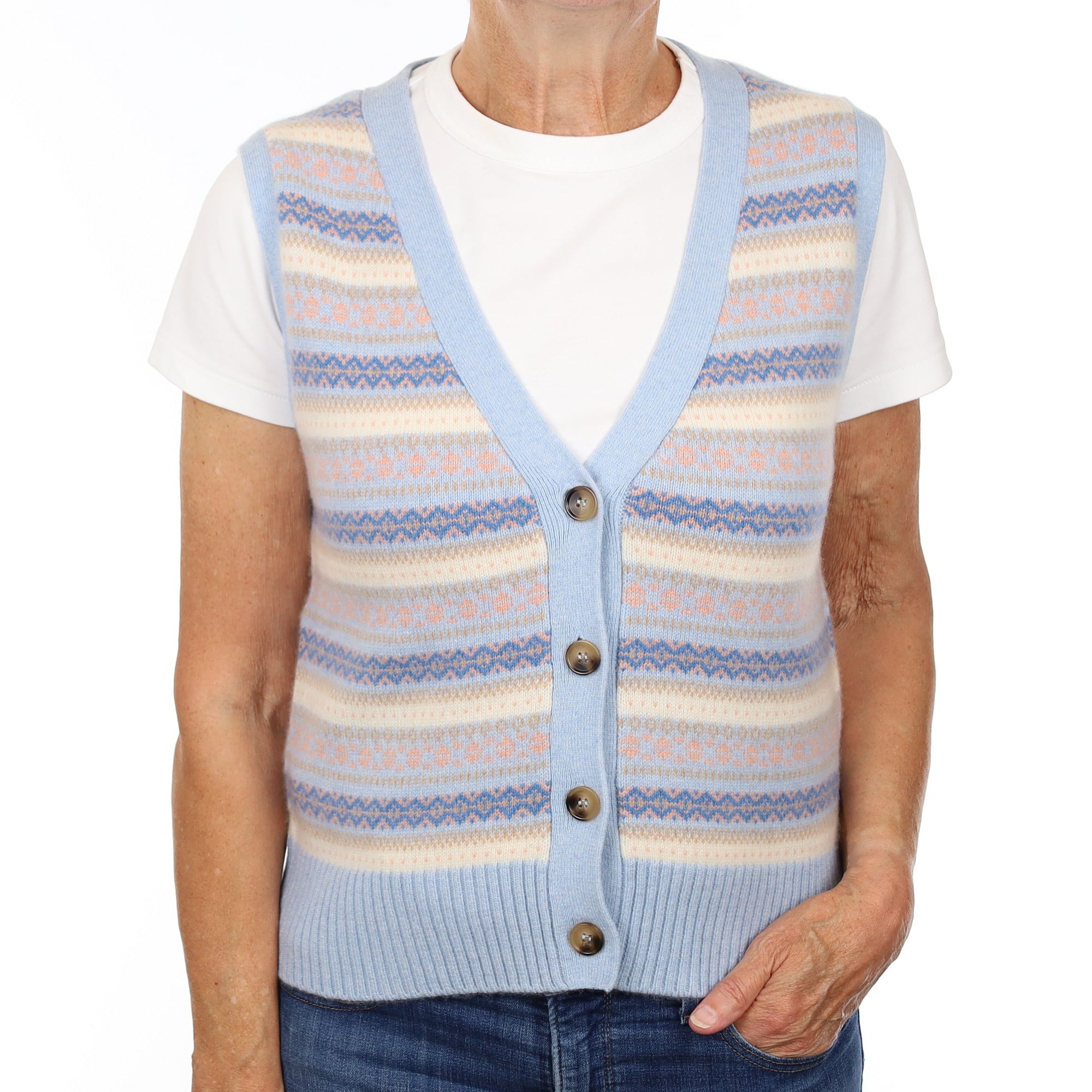 Brand New Baby Blue and Shell Pink Fair Isle Luxury Cashmere V Neck Waistcoat Medium UK 12-14