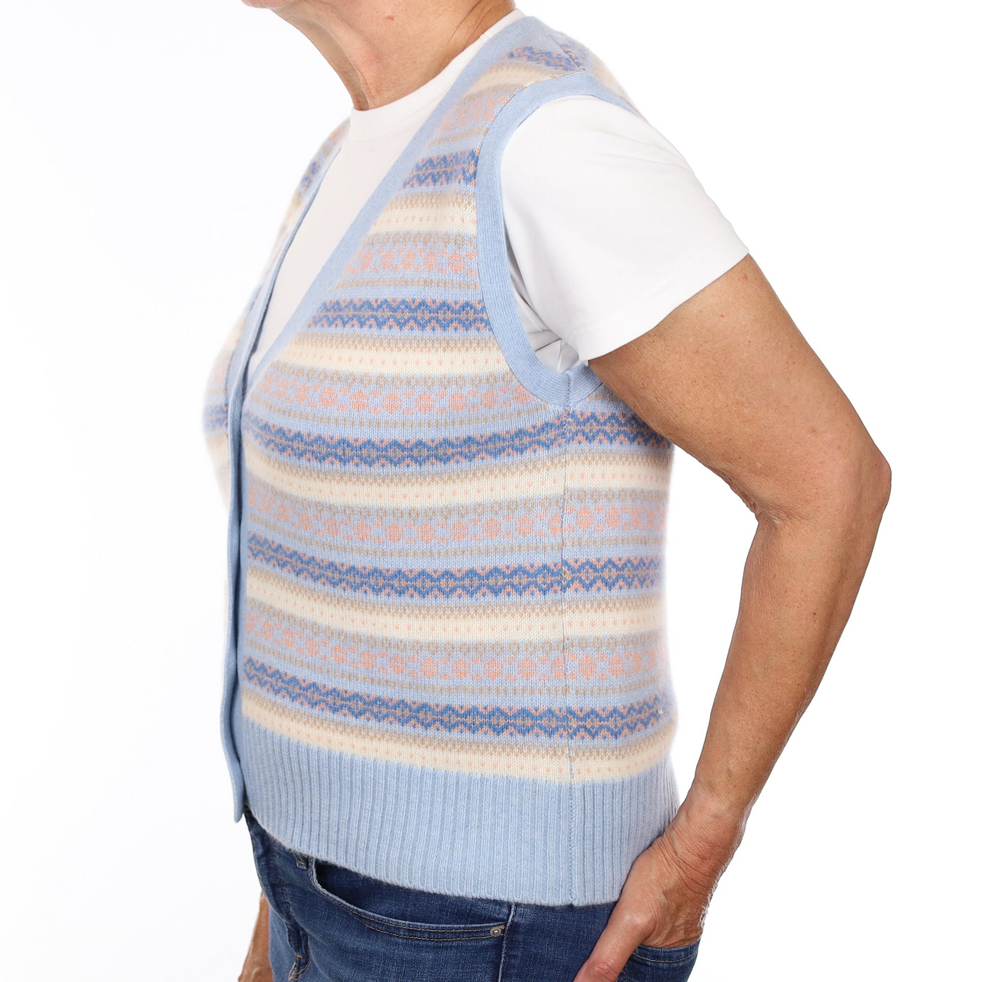 Brand New Baby Blue and Shell Pink Fair Isle Luxury Cashmere V Neck Waistcoat Medium UK 12-14