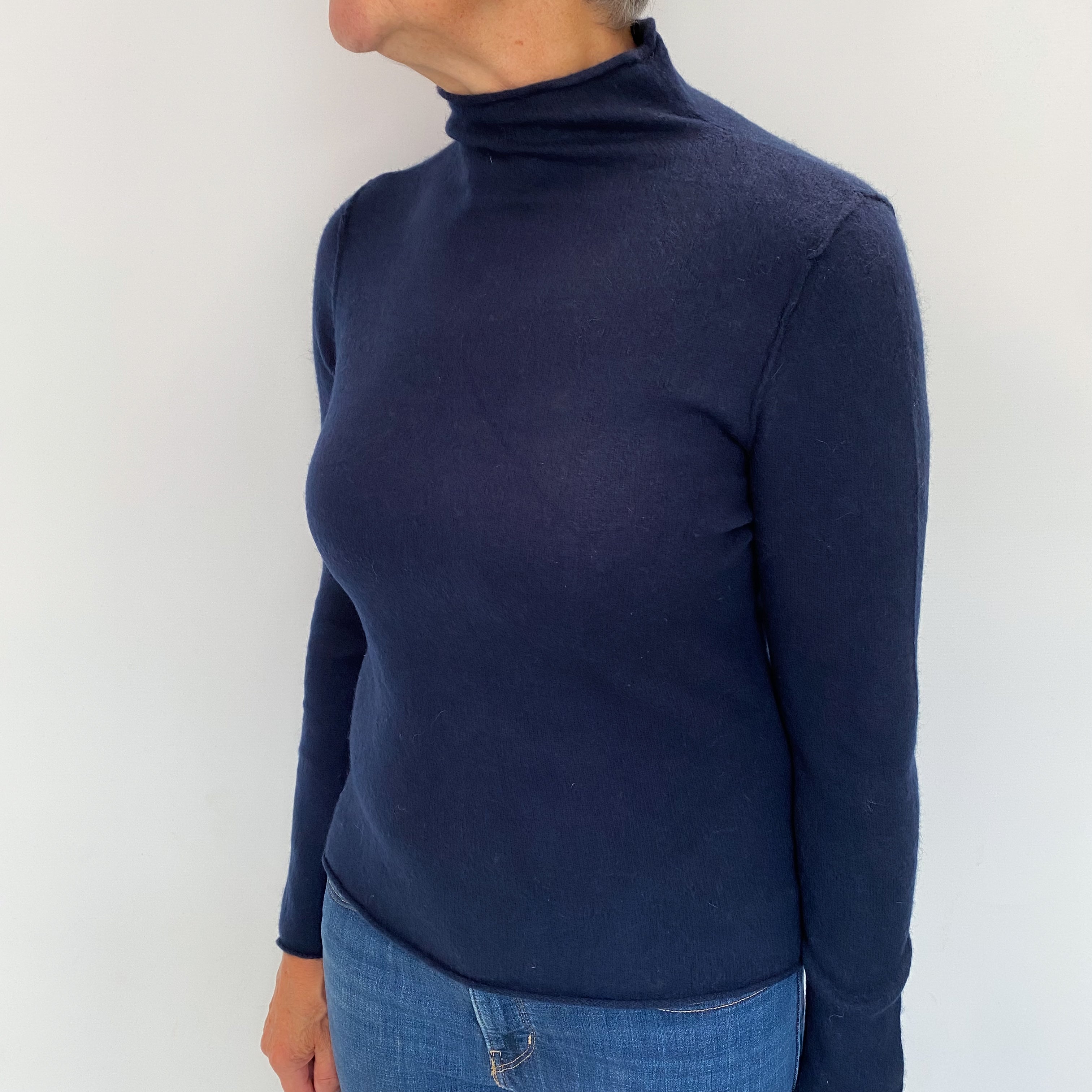 Navy Cashmere Funnel Neck Jumper Medium
