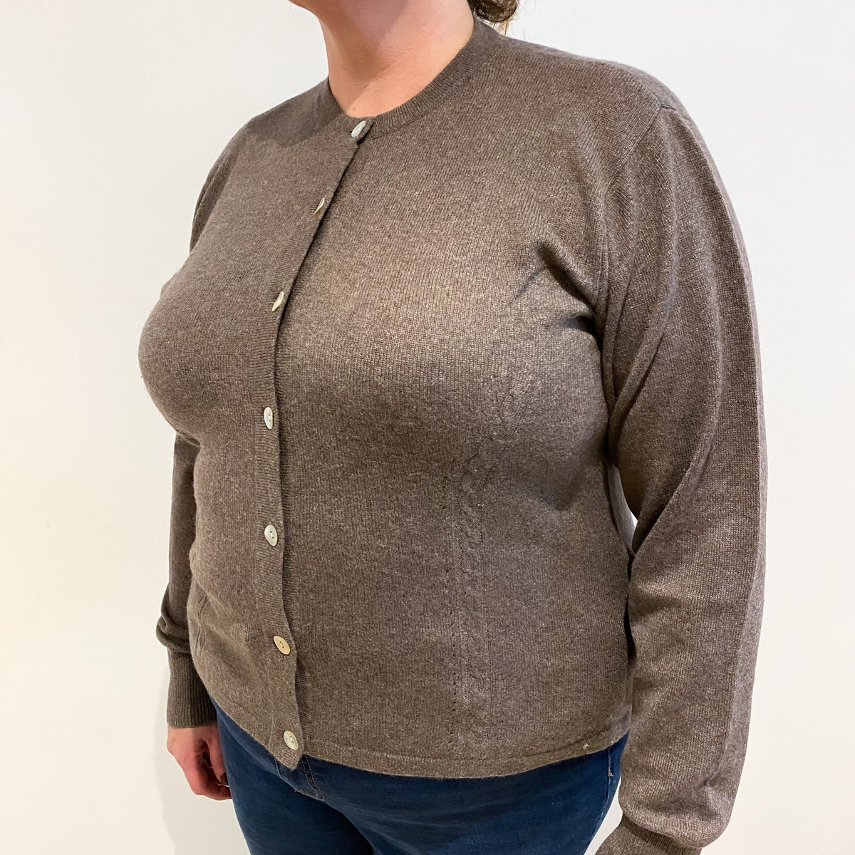 Muted Brown Cashmere Crew Neck Cardigan Extra Large
