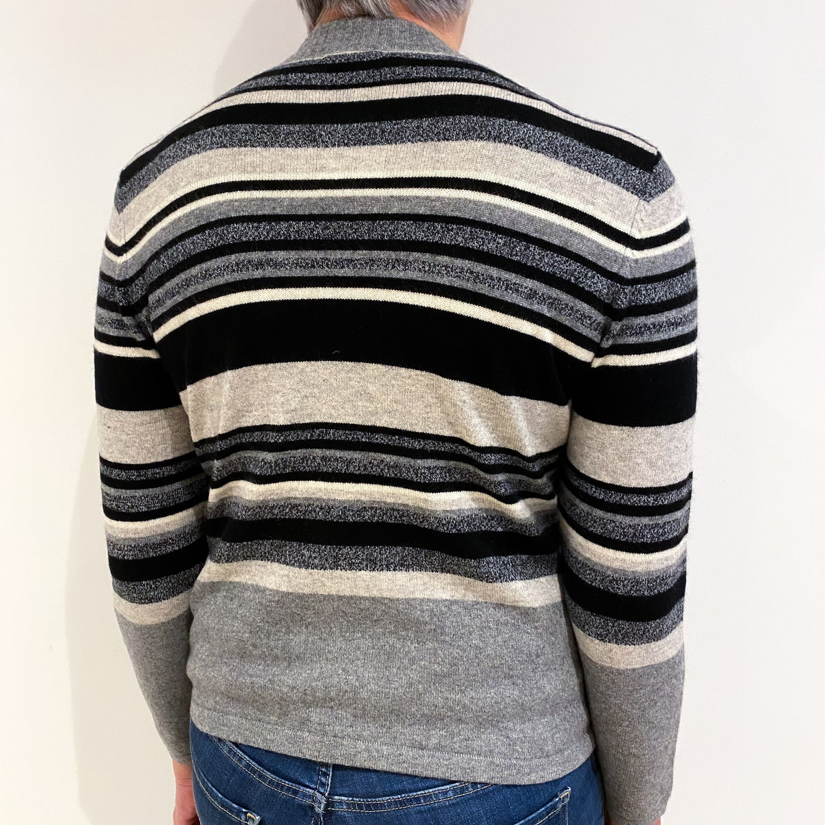 Black and Grey Striped Cashmere Turtle Neck Jumper Medium