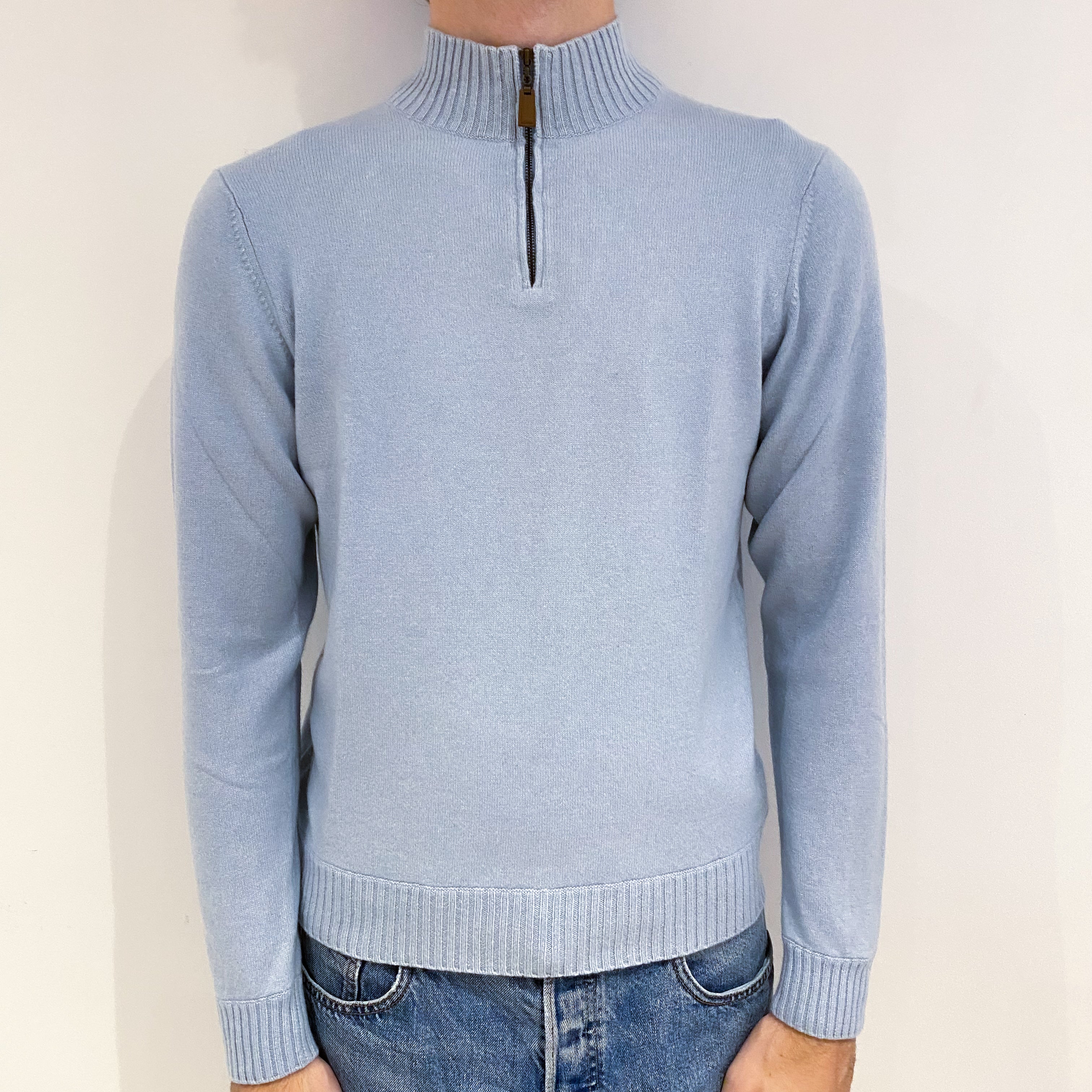 Men's Powder Blue Cashmere 1/4 Zip Jumper Medium