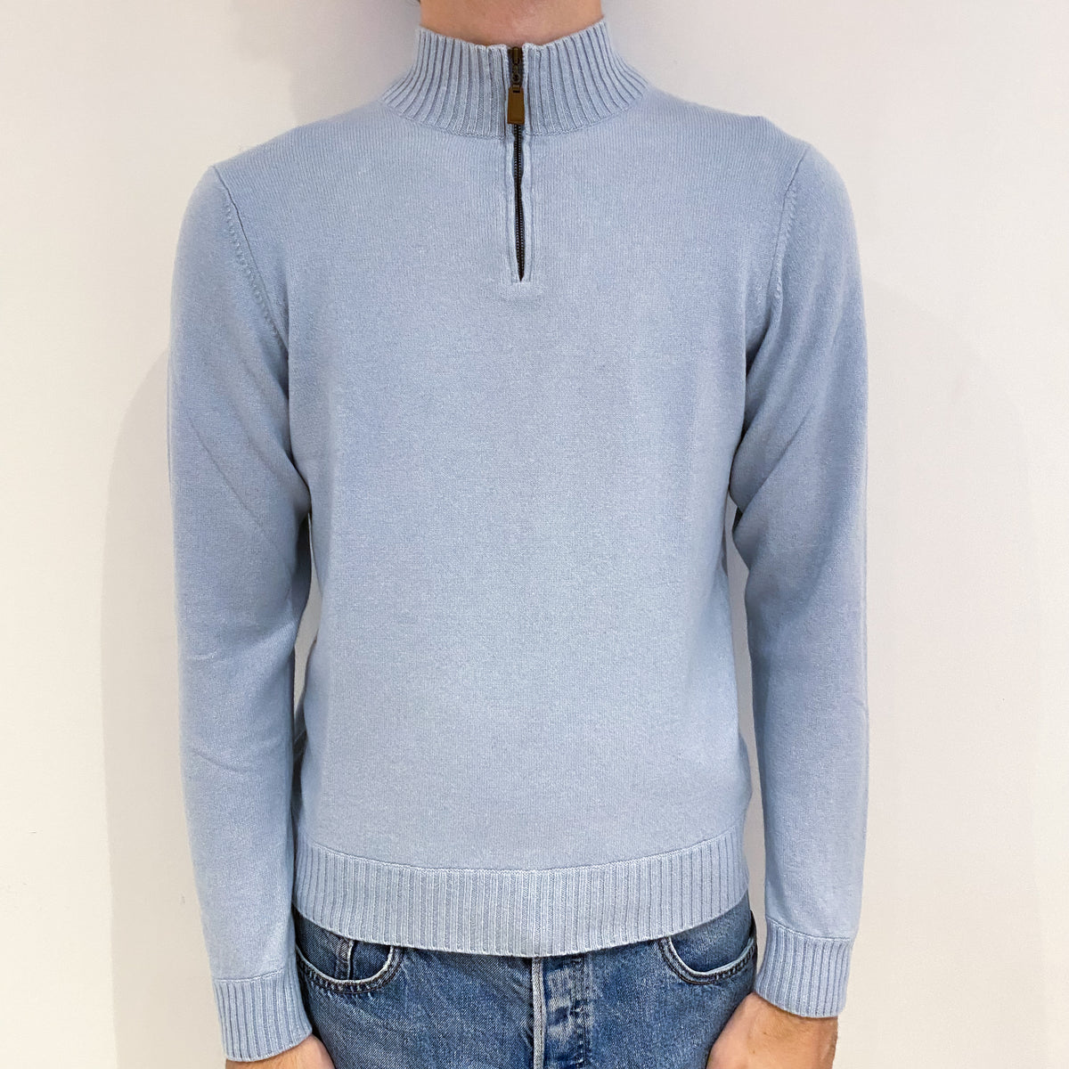 Men's Powder Blue Cashmere 1/4 Zip Jumper Medium