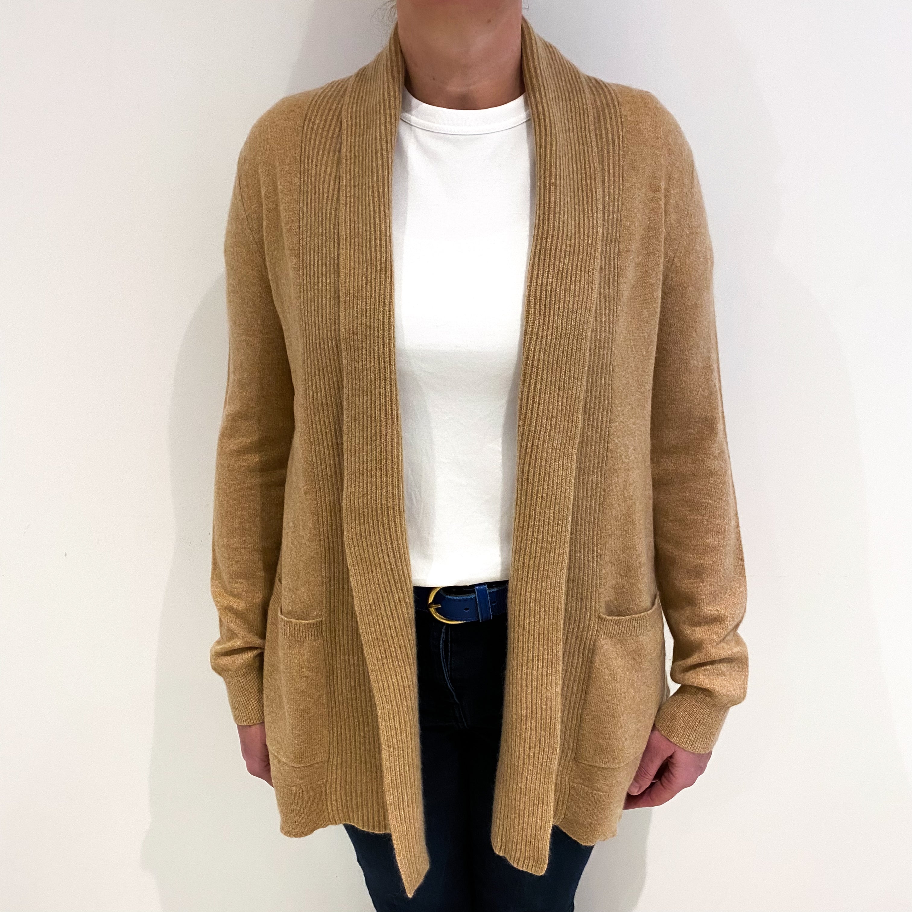 Camel Brown Cashmere Edge to Edge Cardigan with Pockets Large