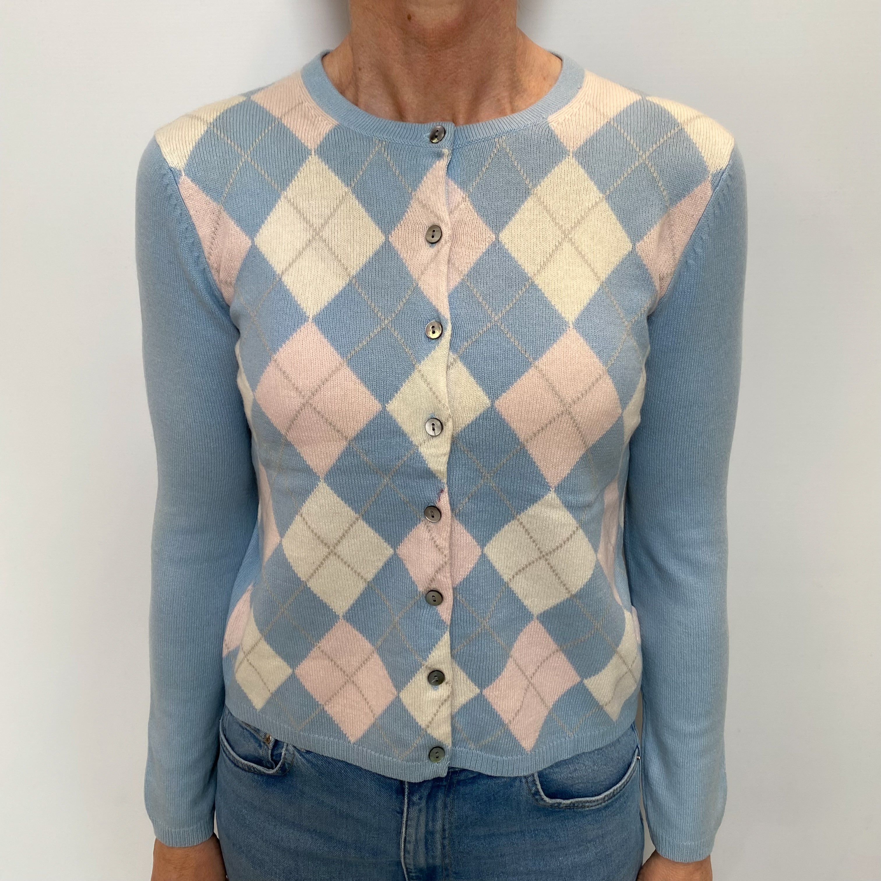 Blue Pink Argyle Cashmere Crew Neck Cardigan Small