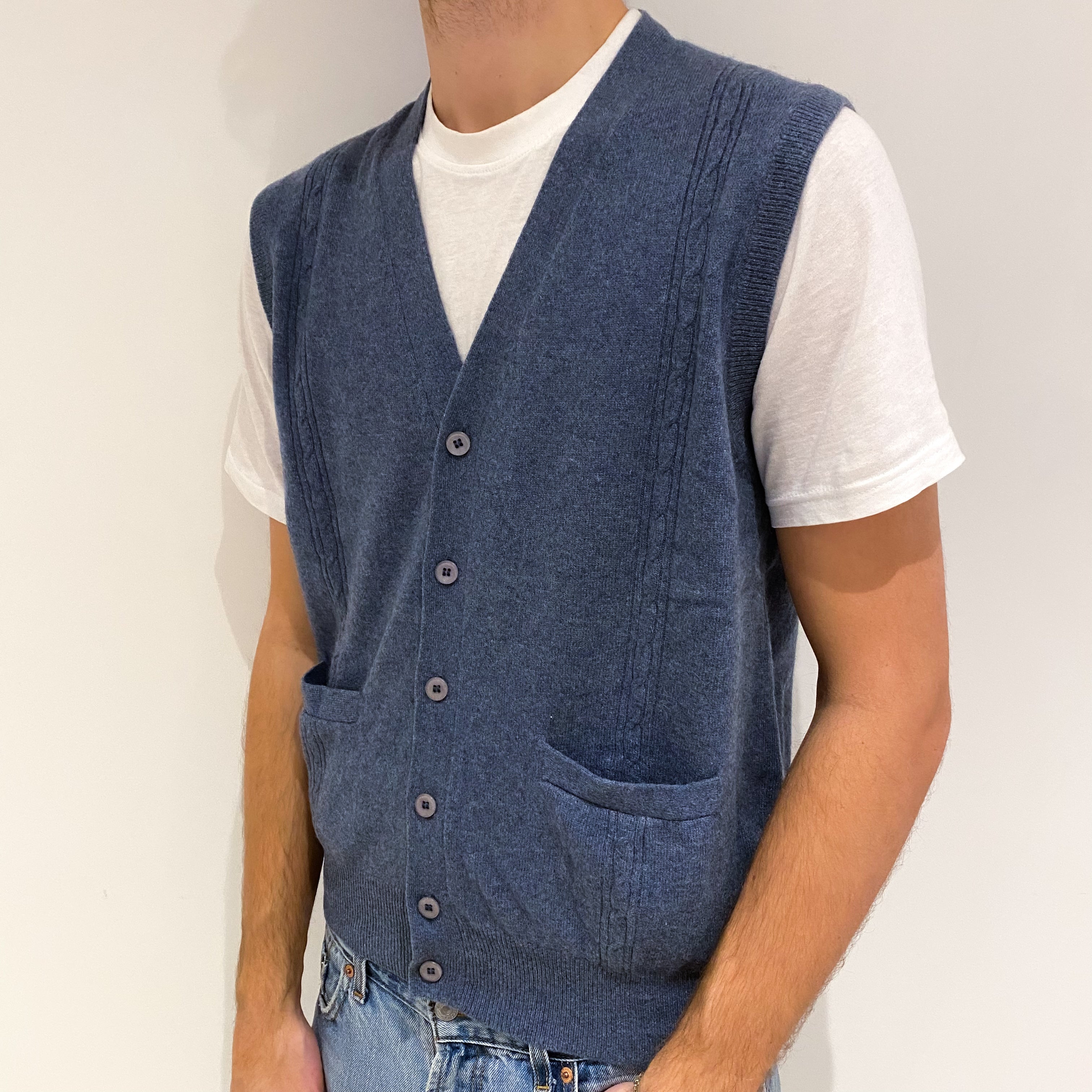 Men's Denim Blue Cashmere V Neck Gilet with Pockets Large