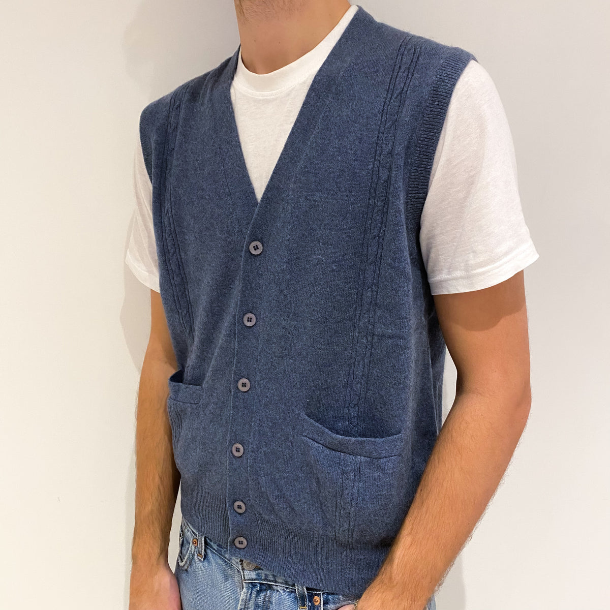 Men's Denim Blue Cashmere V Neck Gilet with Pockets Large