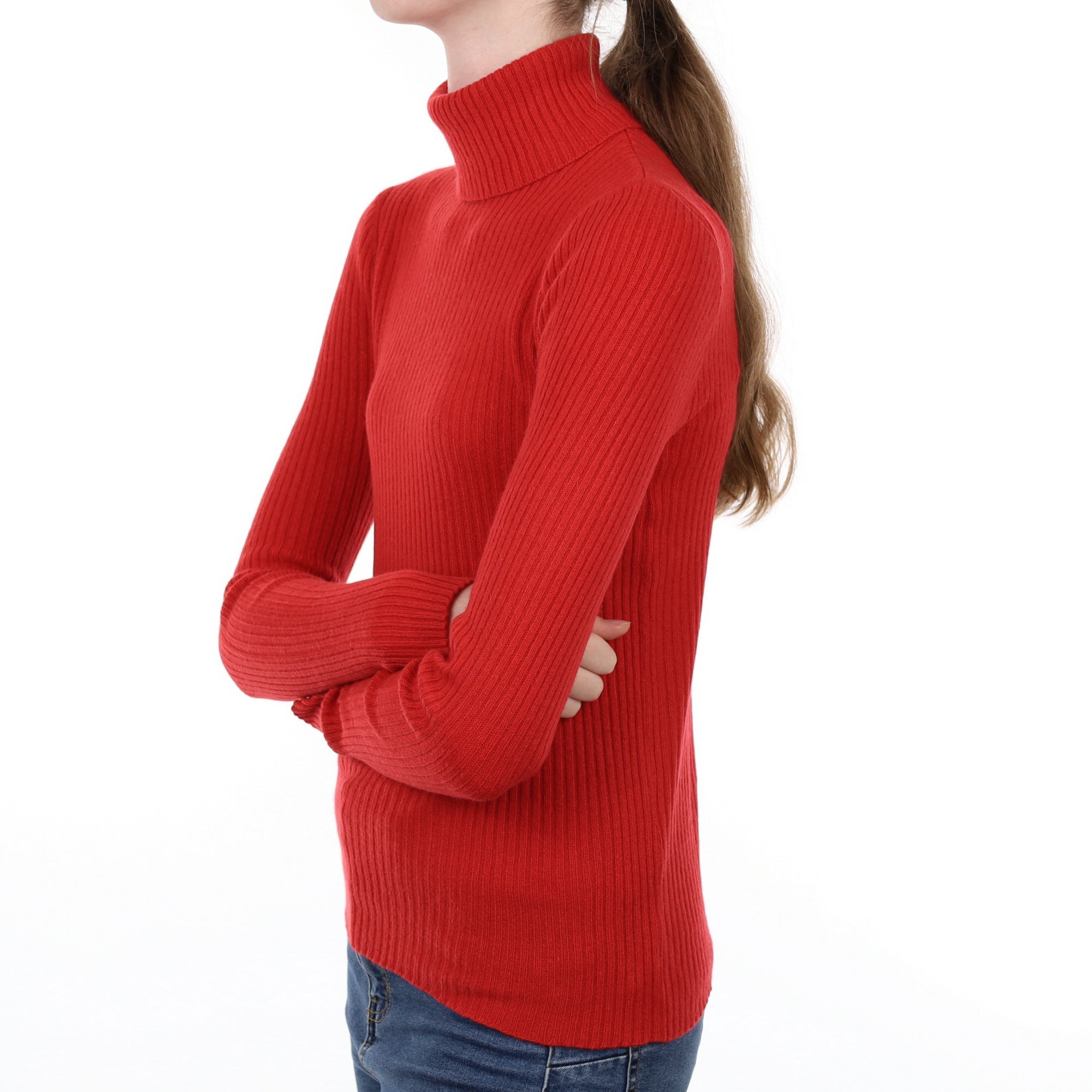 Scarlet Red Cashmere Polo Neck Rib Knit Jumper Extra Small