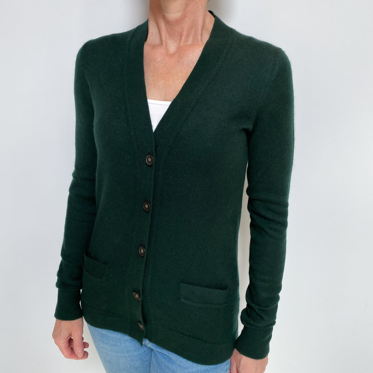 Bottle Green Cashmere V Neck Cardigan with Pockets Small