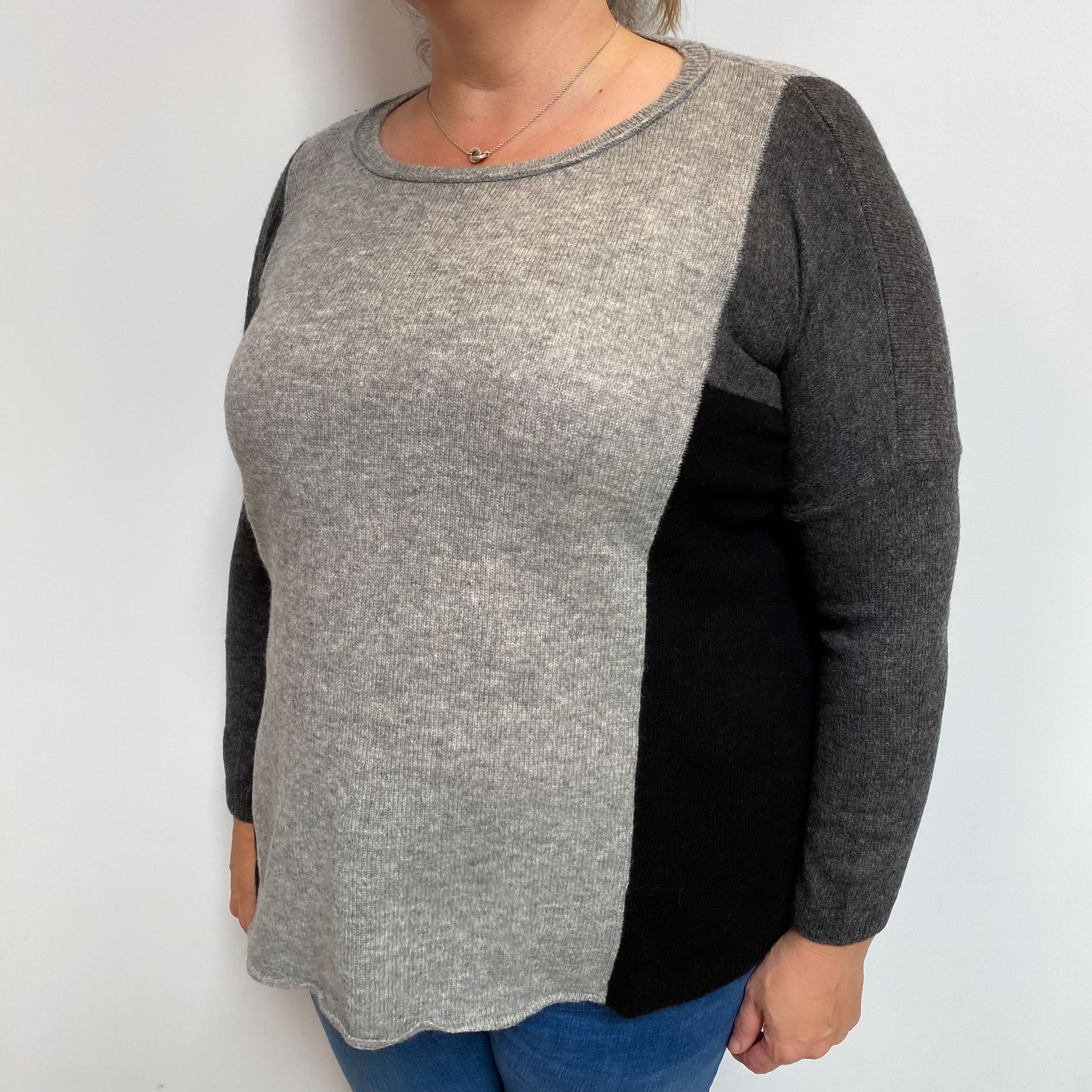 Grey Black Colour Block Cashmere Crew Neck Jumper Extra Large