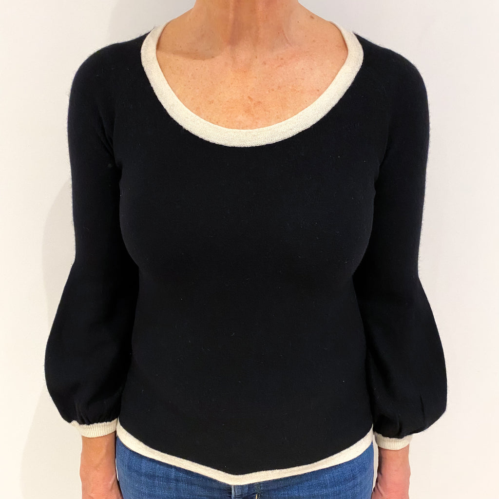 Black Ivory Trim Cashmere Scoop Neck Jumper Medium