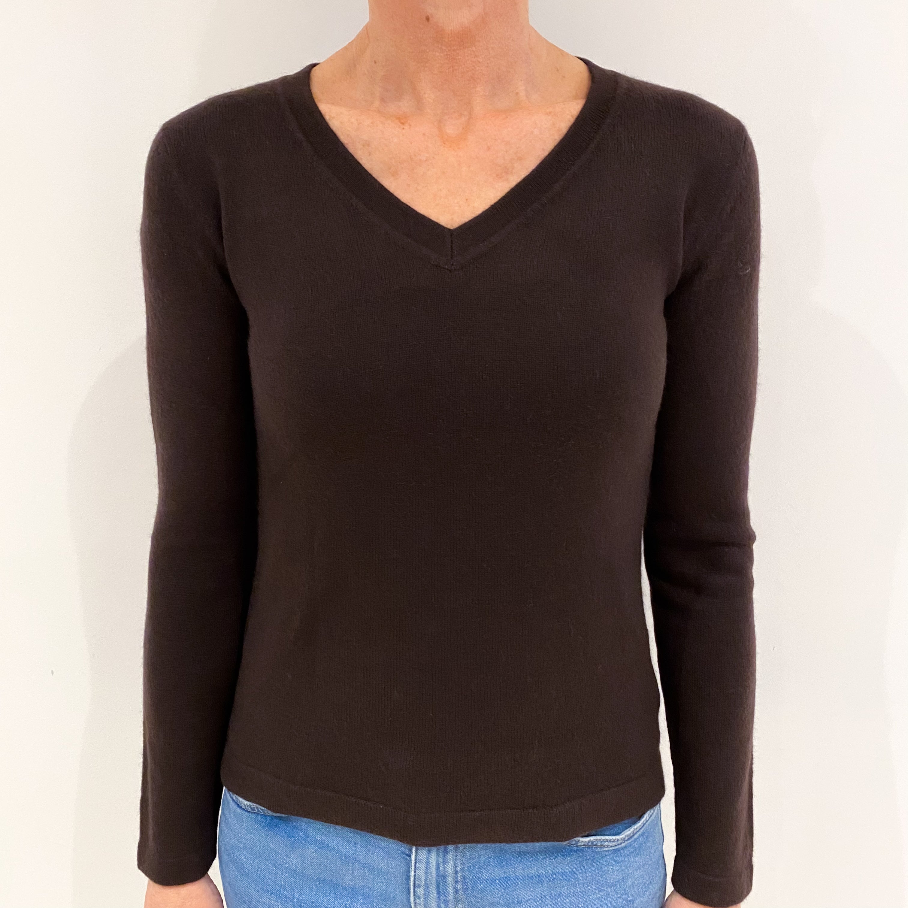 Chocolate Brown Cashmere V Neck Jumper Small