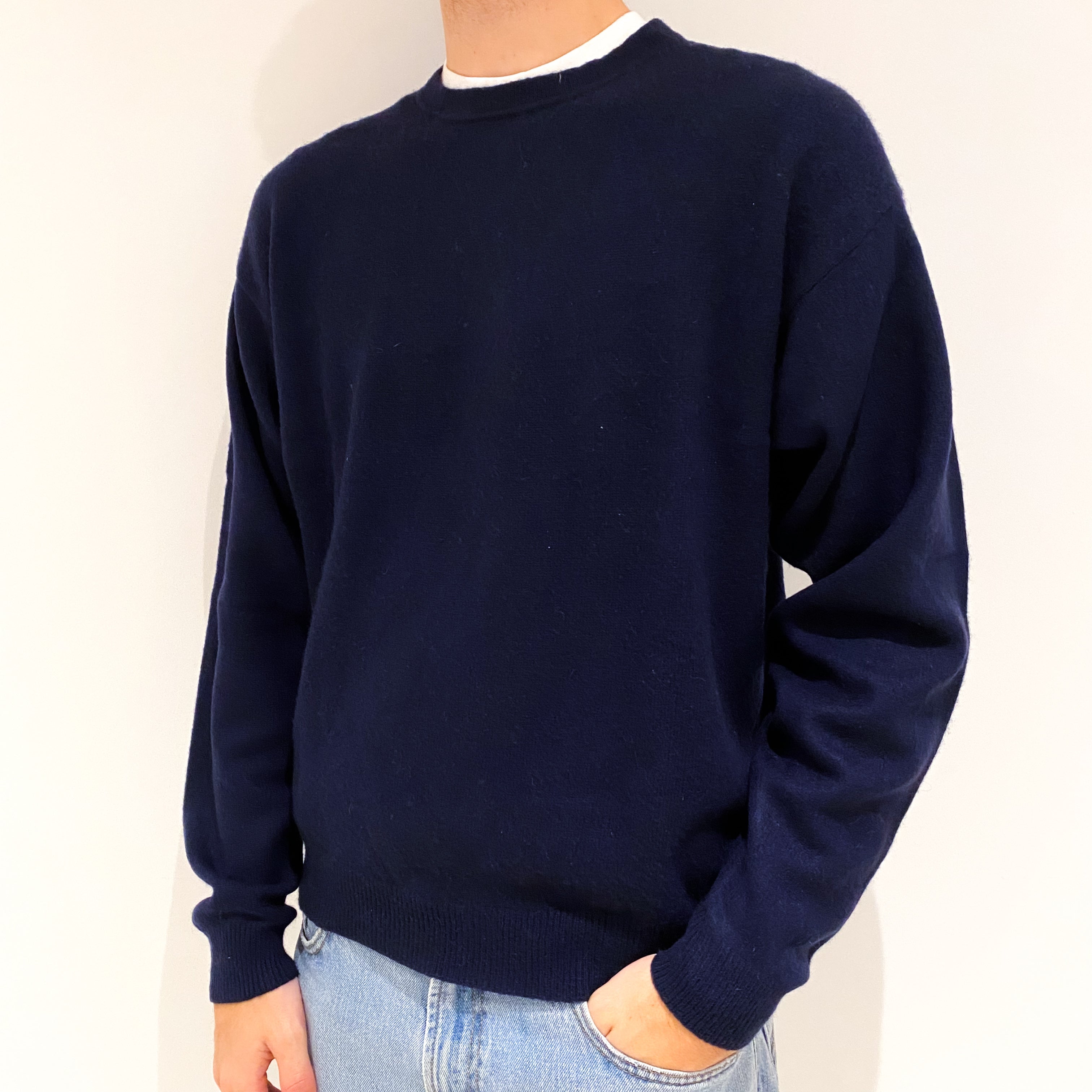 Men's Navy Blue Cashmere Crew Neck Jumper Large