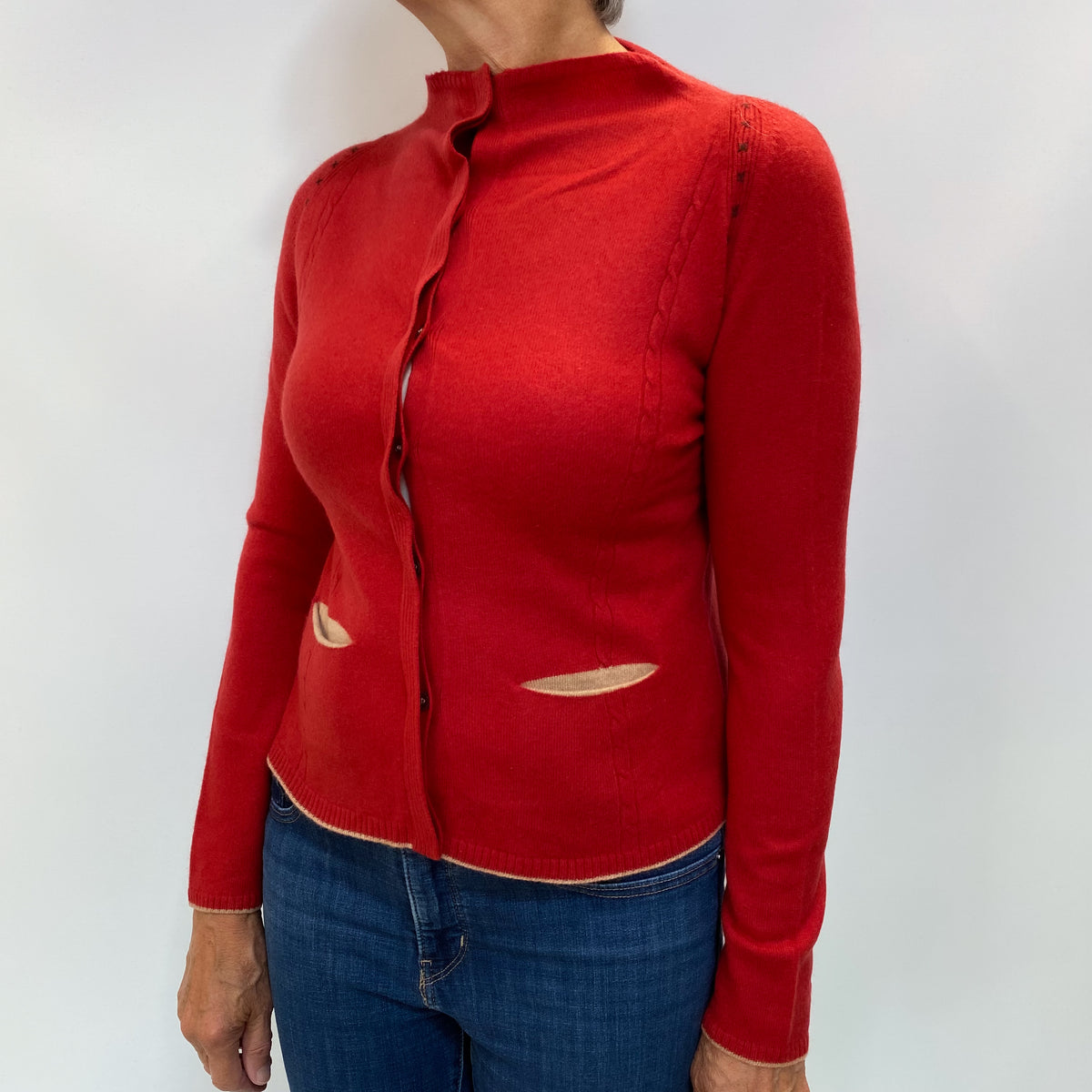 Berry Red Cashmere Crew Neck Cable Knit Cardigan Medium