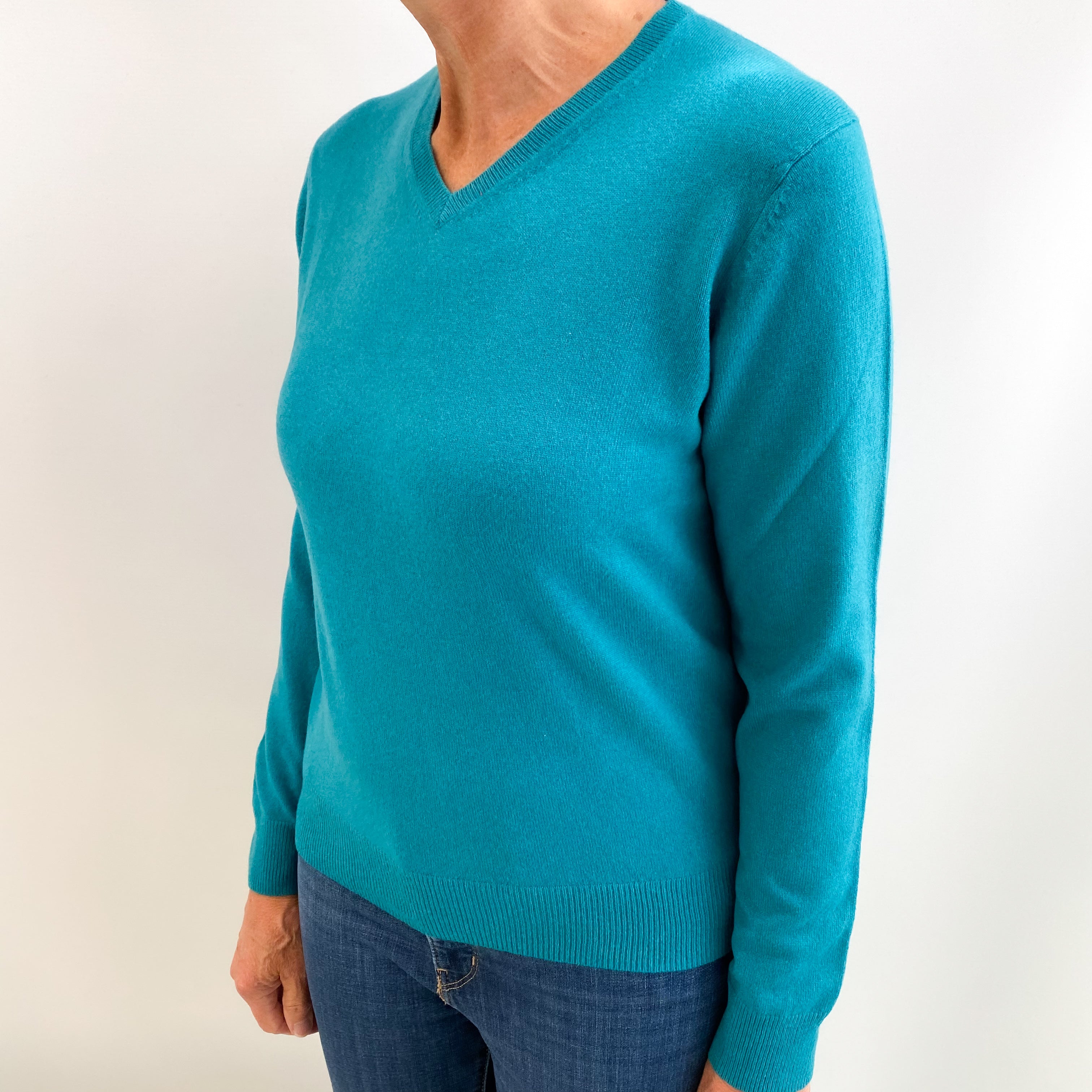 Parakeet Green Cashmere V Neck Jumper Medium