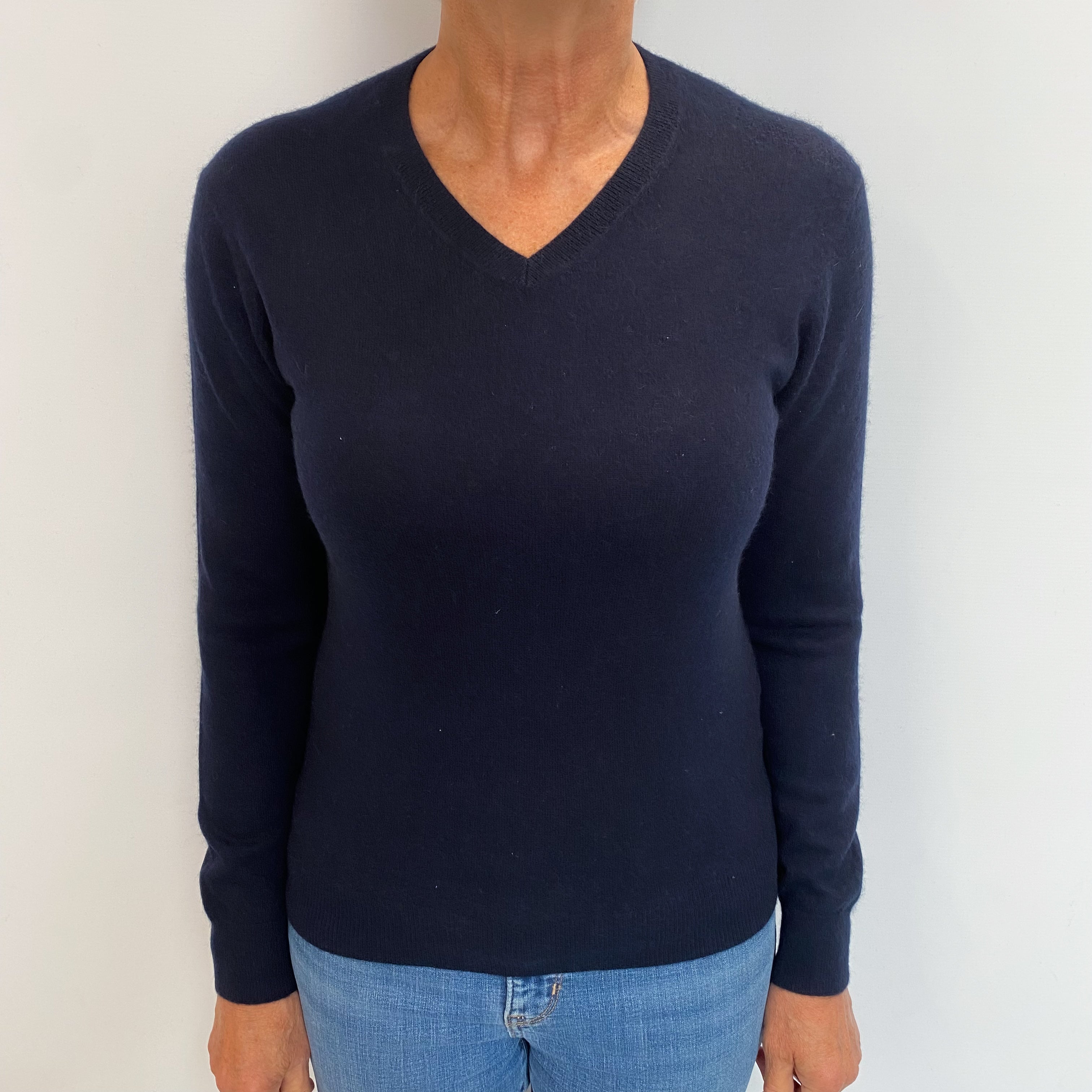 Navy Blue Cashmere V Neck Jumper Medium