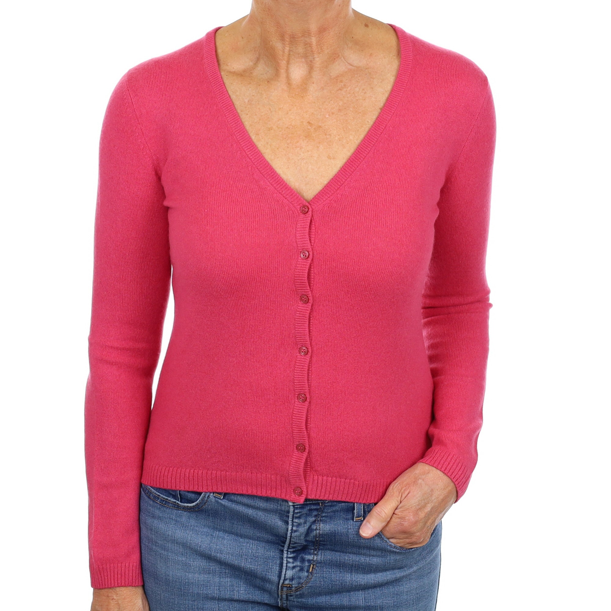 Raspberry Pink Cashmere V Neck Cardigan Medium