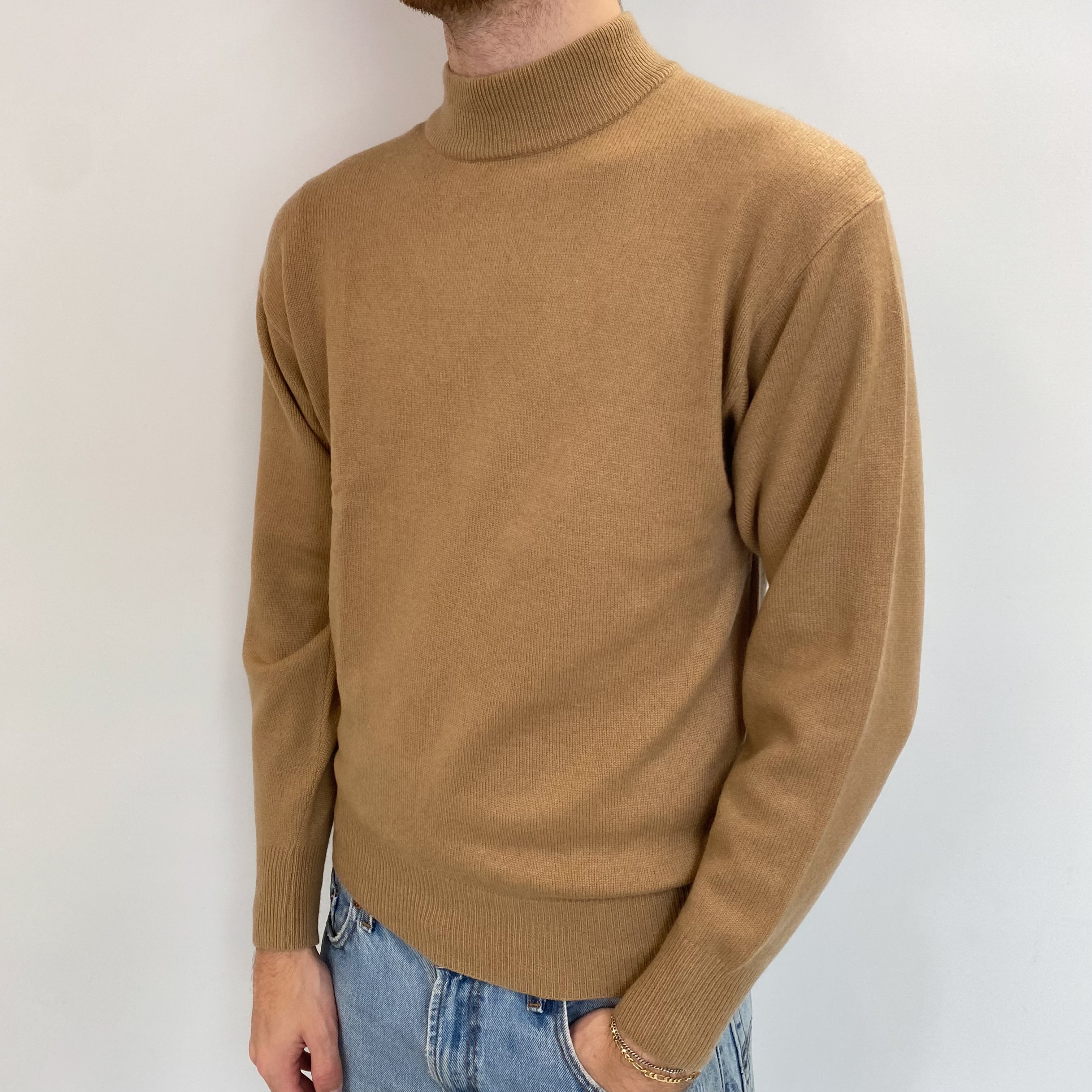 Men's Caramel Brown Cashmere Turtle Neck Jumper Medium
