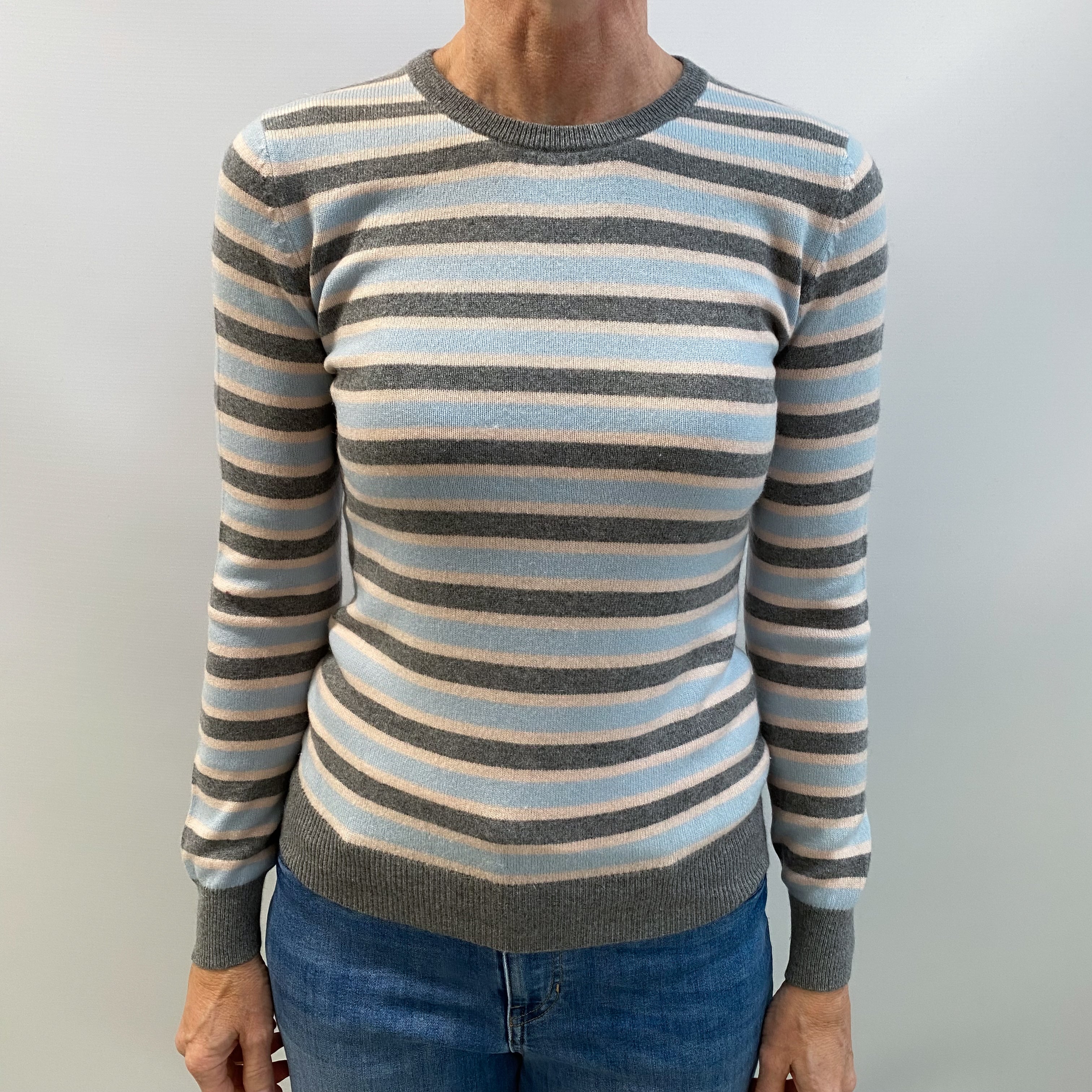 Grey and Blue Striped Cashmere Crew Neck Jumper Small