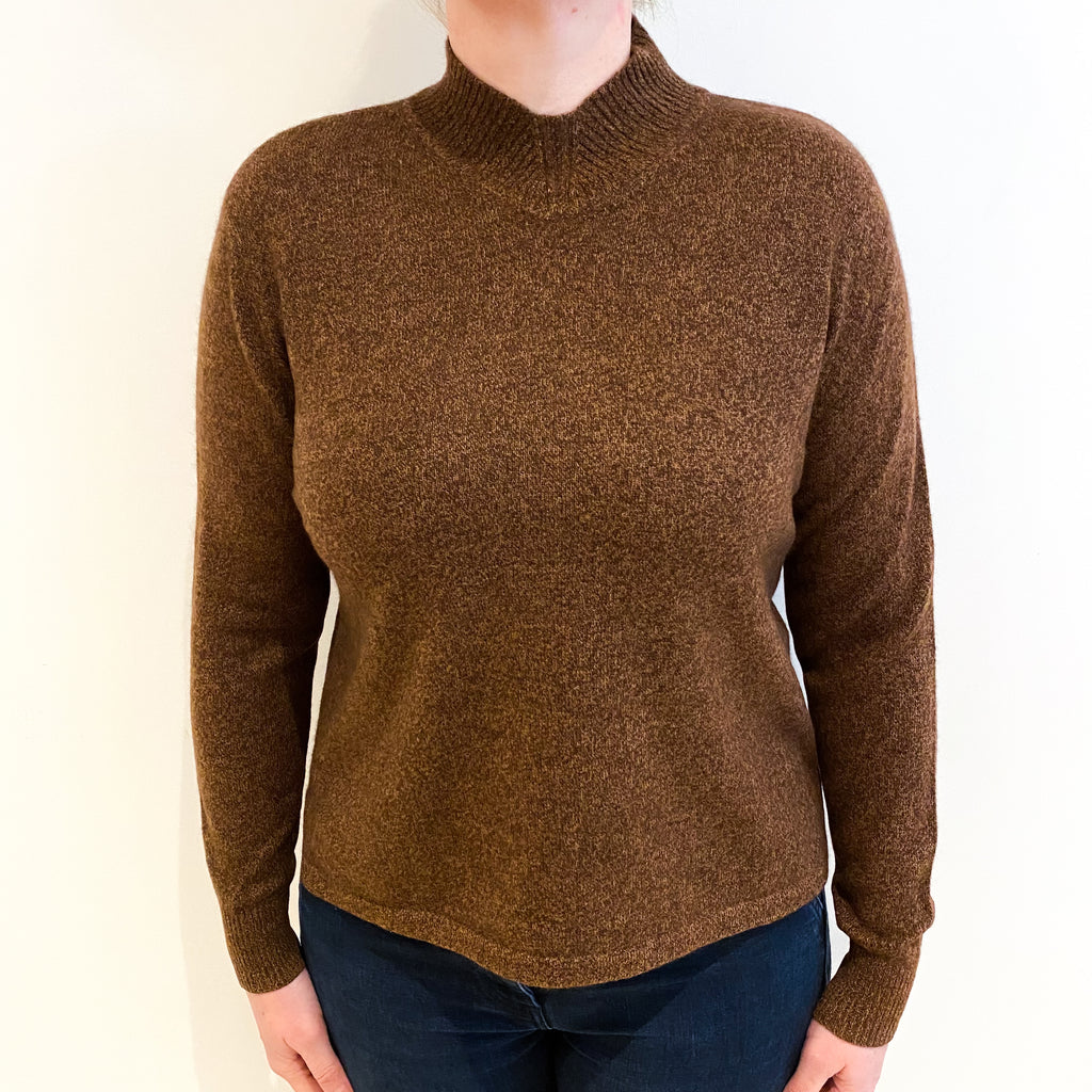 Brown Marl Cashmere High V Neck Jumper Large