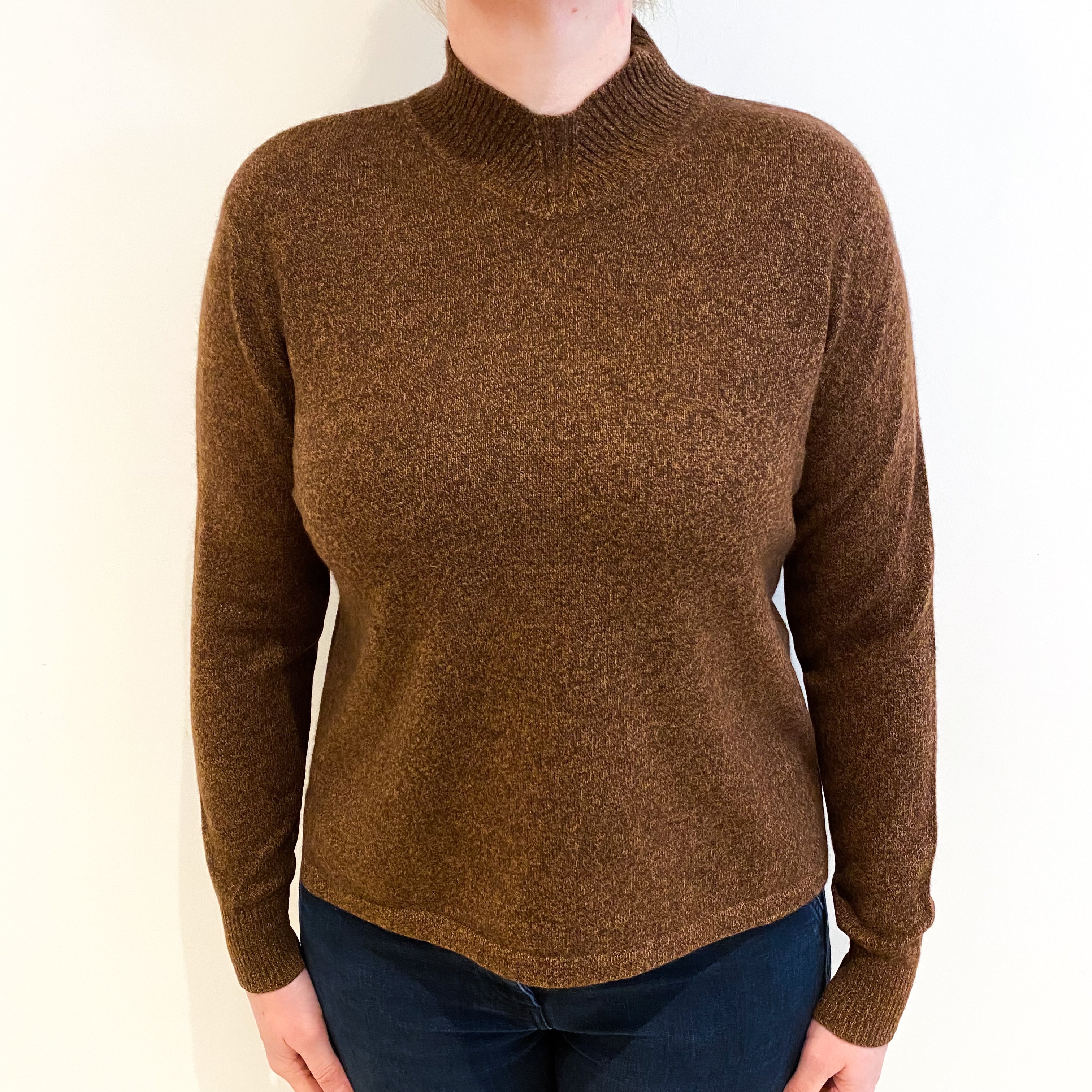 Brown Marl Cashmere High V Neck Jumper Large