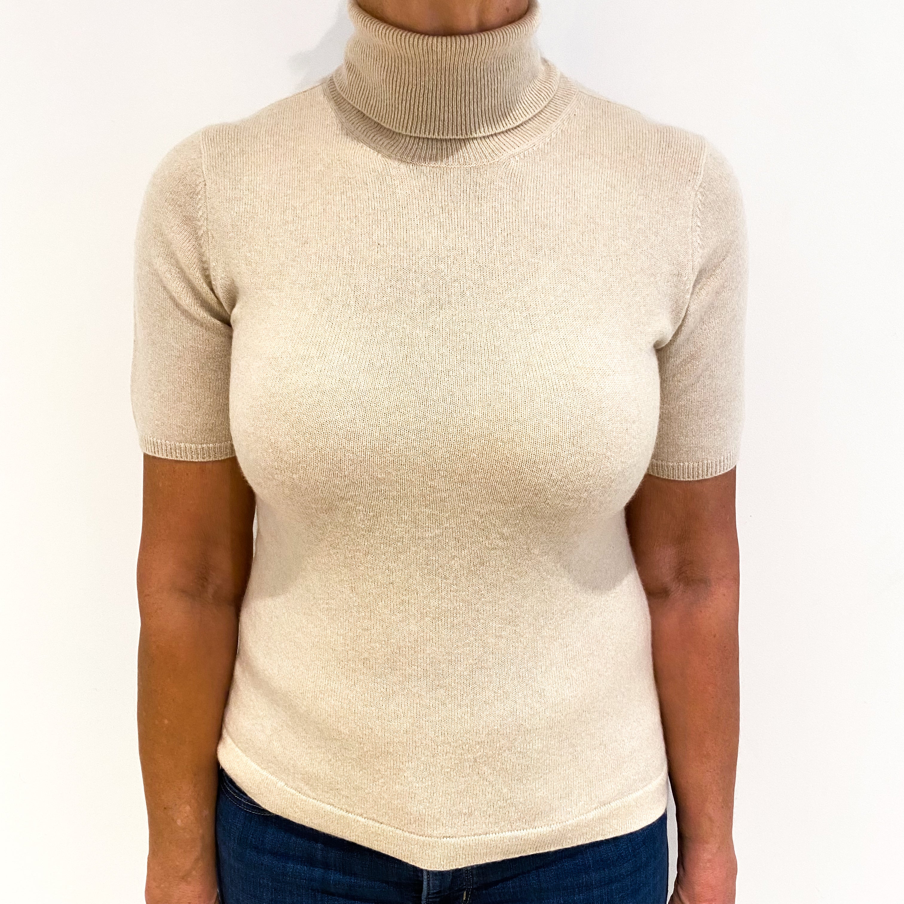 Oatmeal Brown Short Sleeve Cashmere Polo Neck Jumper Medium