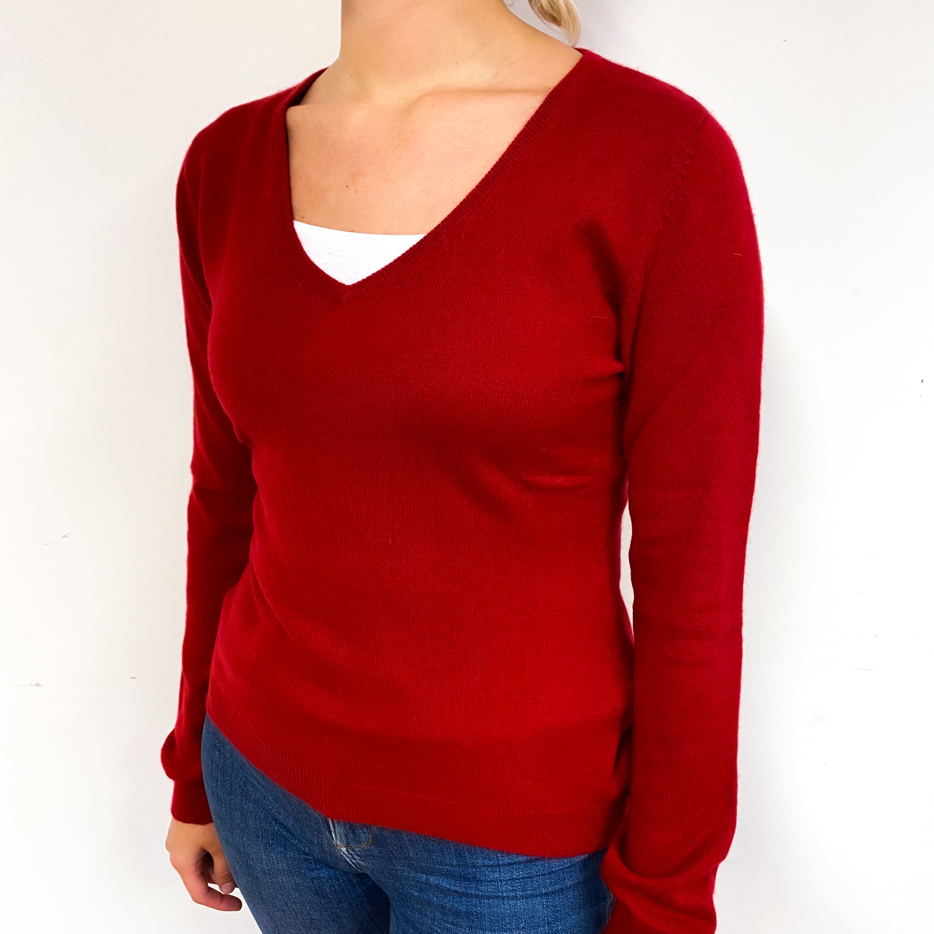 Post Box Red Cashmere V-Neck Jumper Small