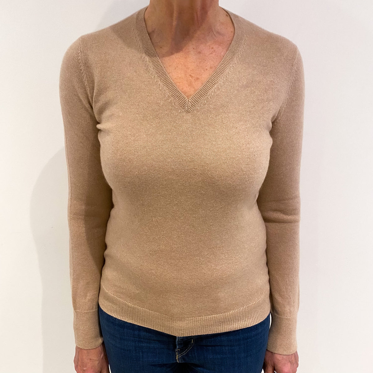 Nude Beige Cashmere V Neck Jumper Medium