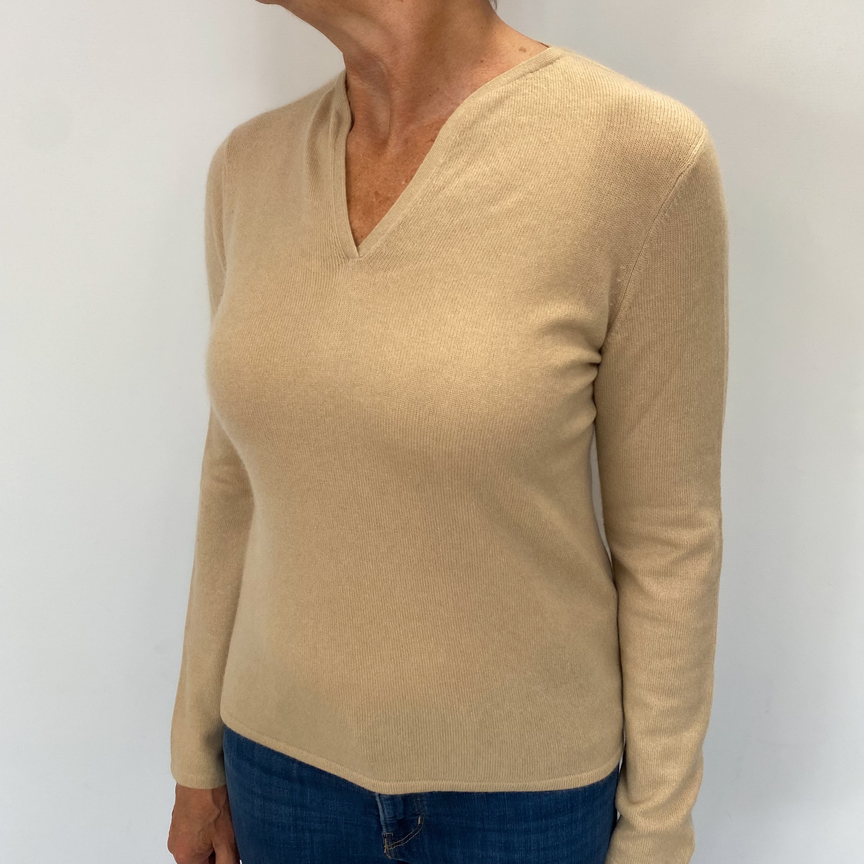 Sand Beige Cashmere V Neck Jumper Medium