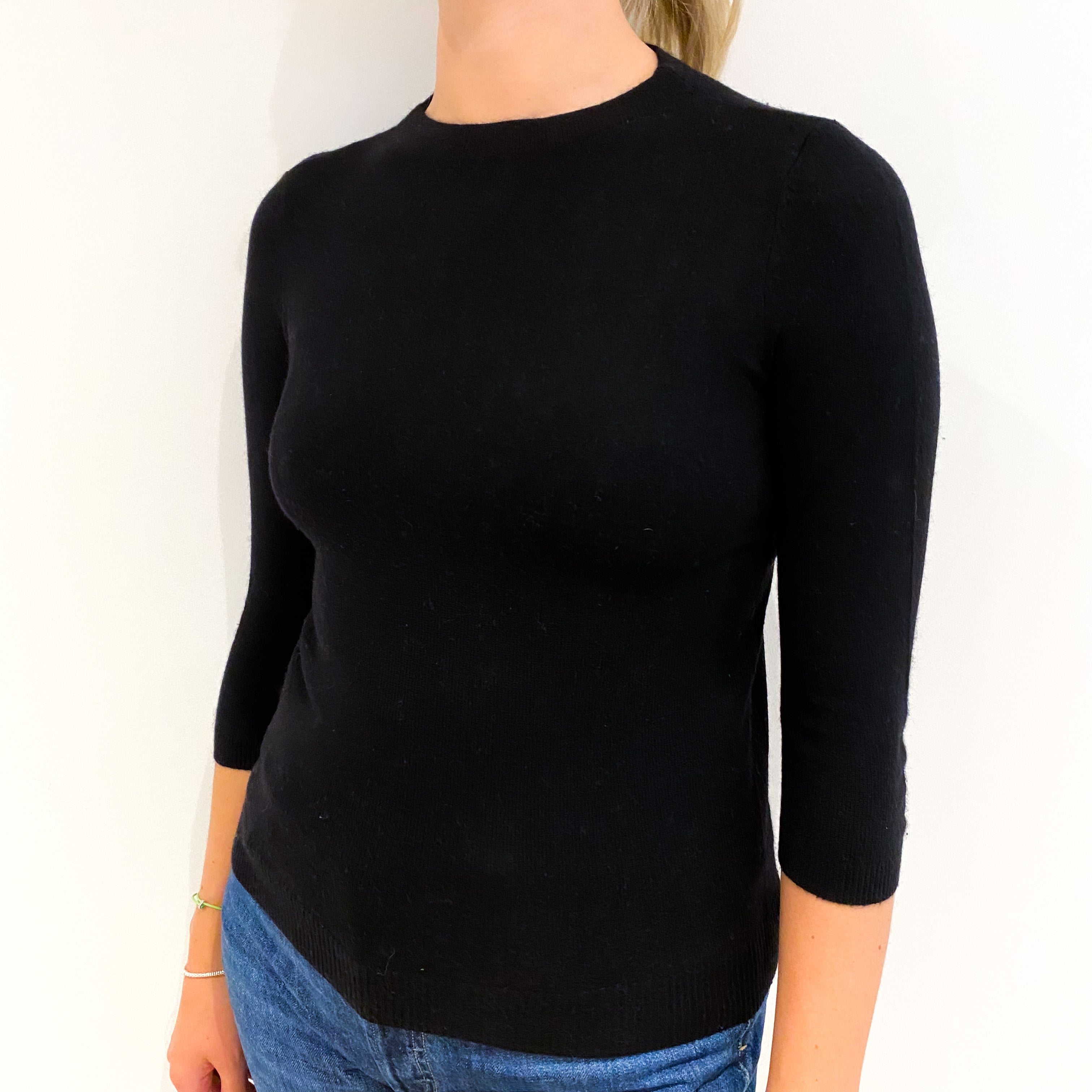 Black 3/4 Sleeve Cashmere Crew Neck Jumper Small