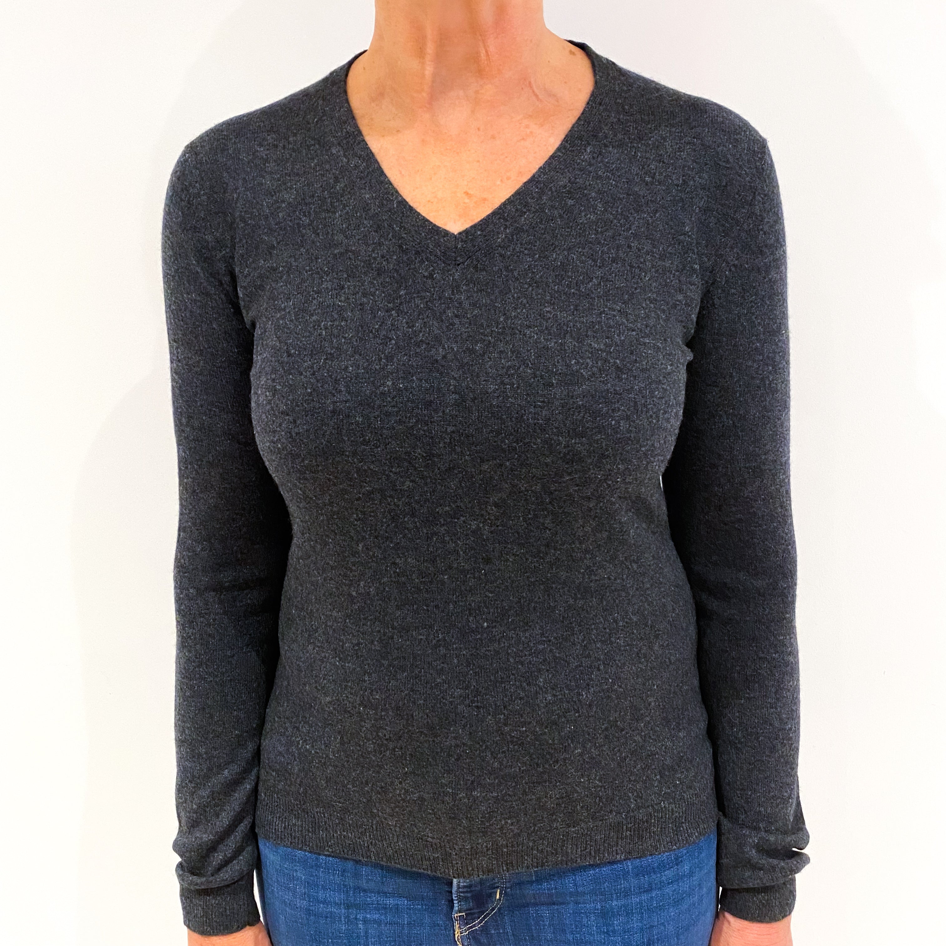 Charcoal Grey Cashmere V-Neck Jumper Medium