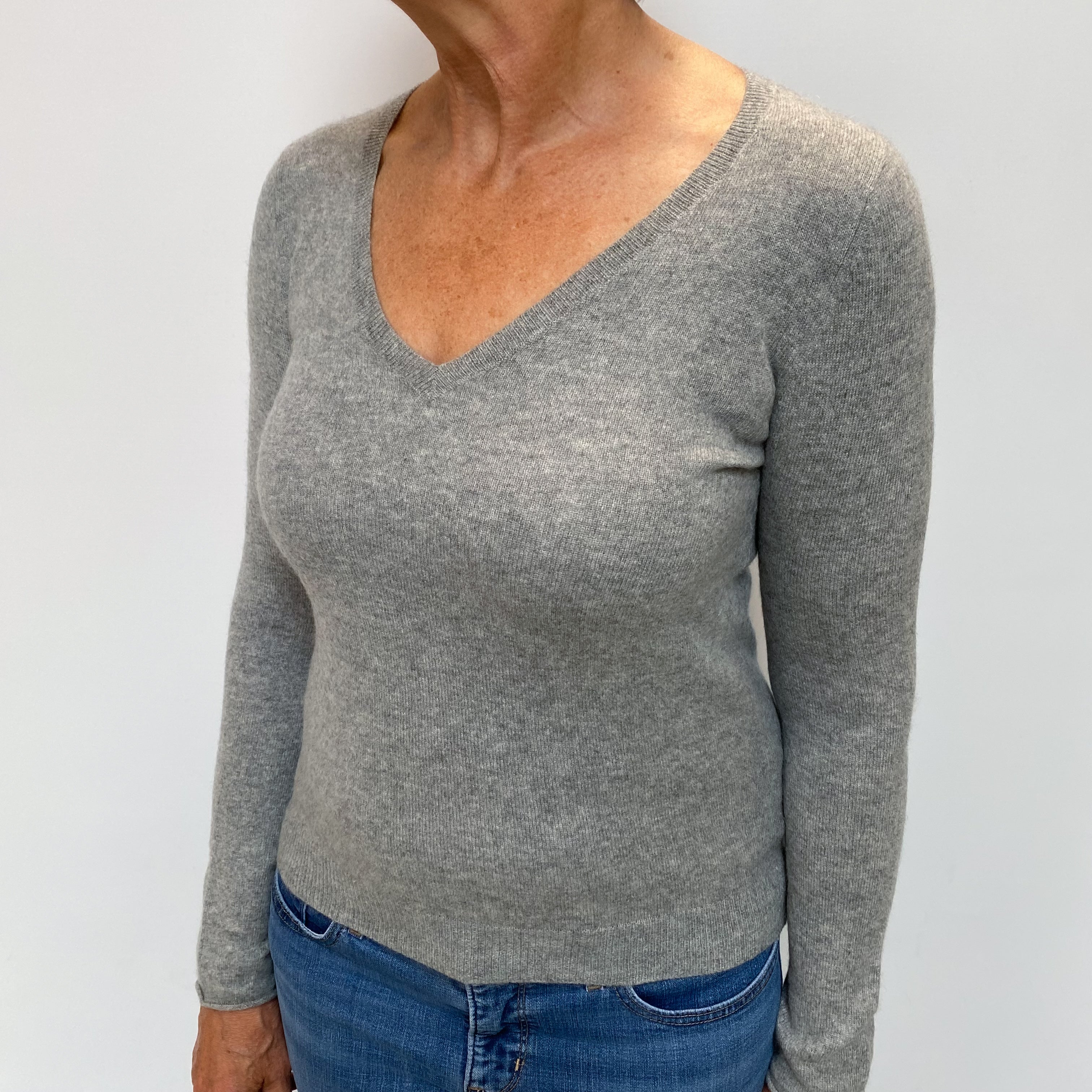 Ash Grey Cashmere V Neck Jumper Medium