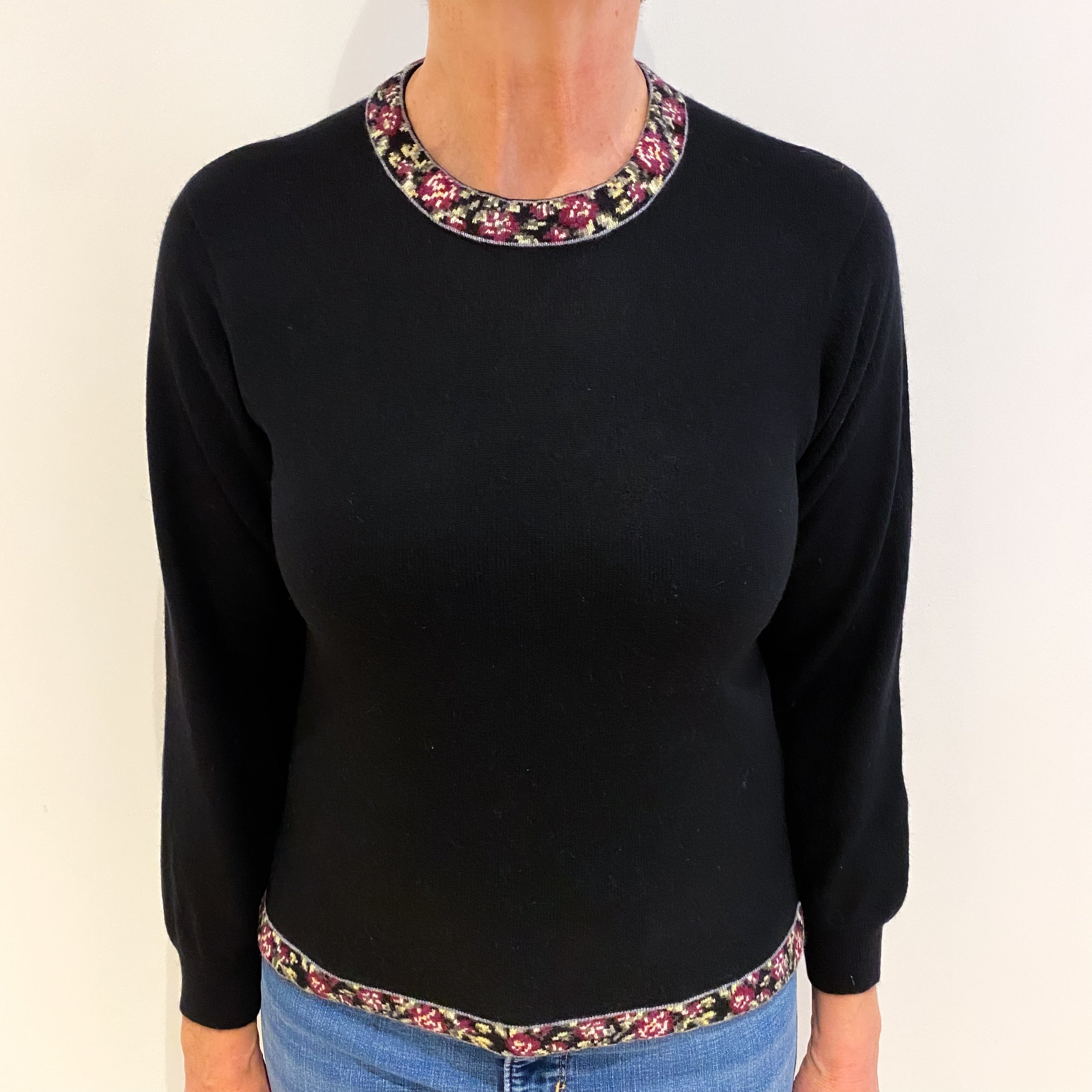 Black With Floral Trim Cashmere Crew Neck Jumper Medium